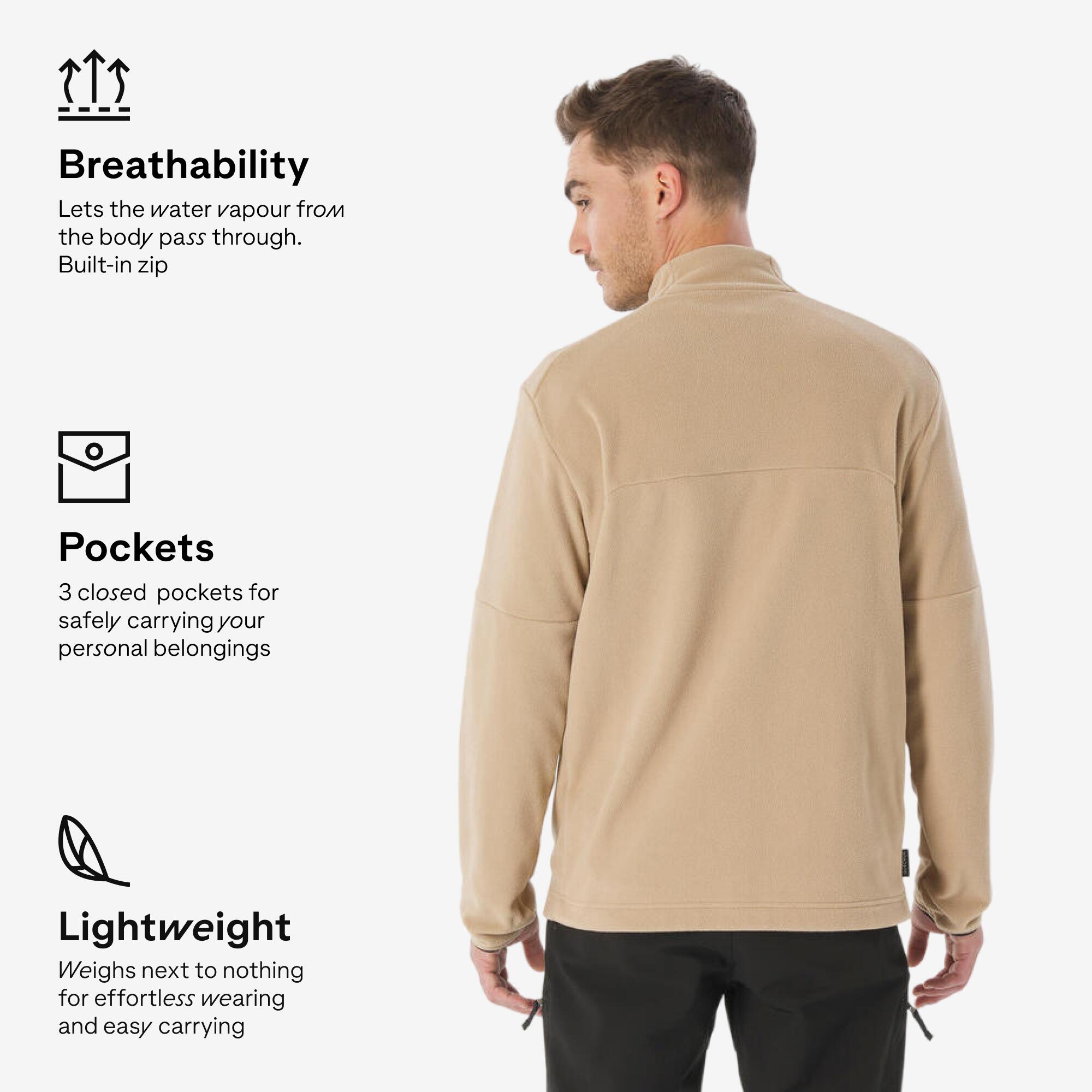 Men’s mountain hiking fleece jacket, MH500 Full Zip Pocket - Beige