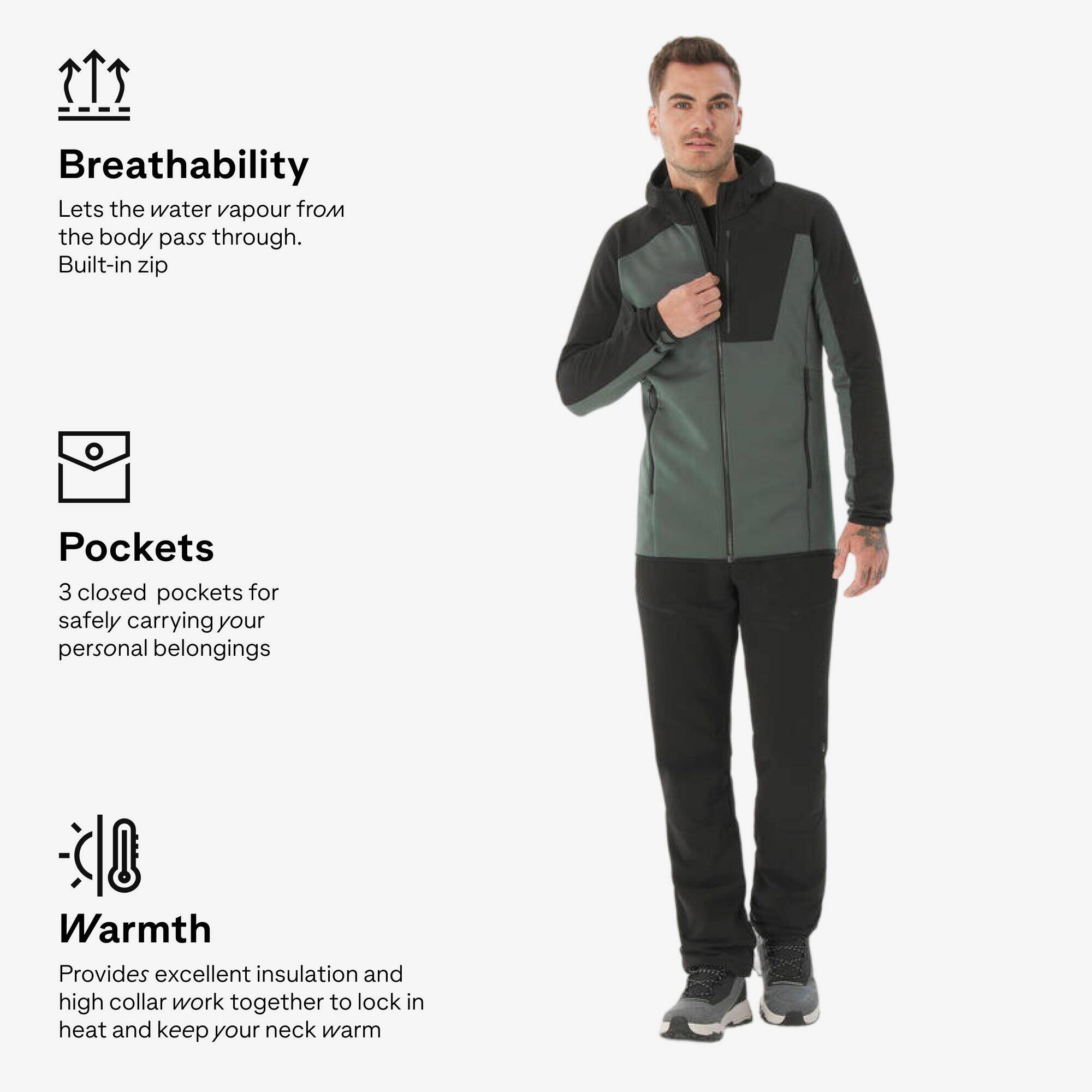 Men’s mountain hiking fleece jacket, MH500 Full Zip - Black -  2