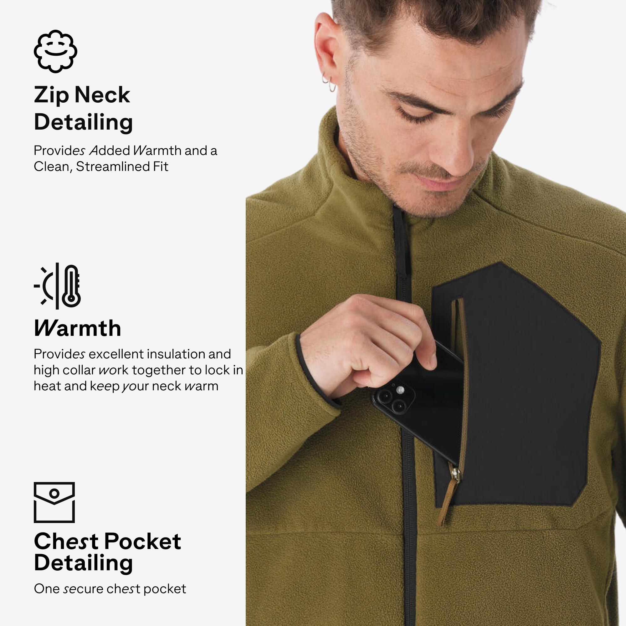 Men’s mountain hiking fleece jacket, MH500 Full Zip Pocket - Khaki