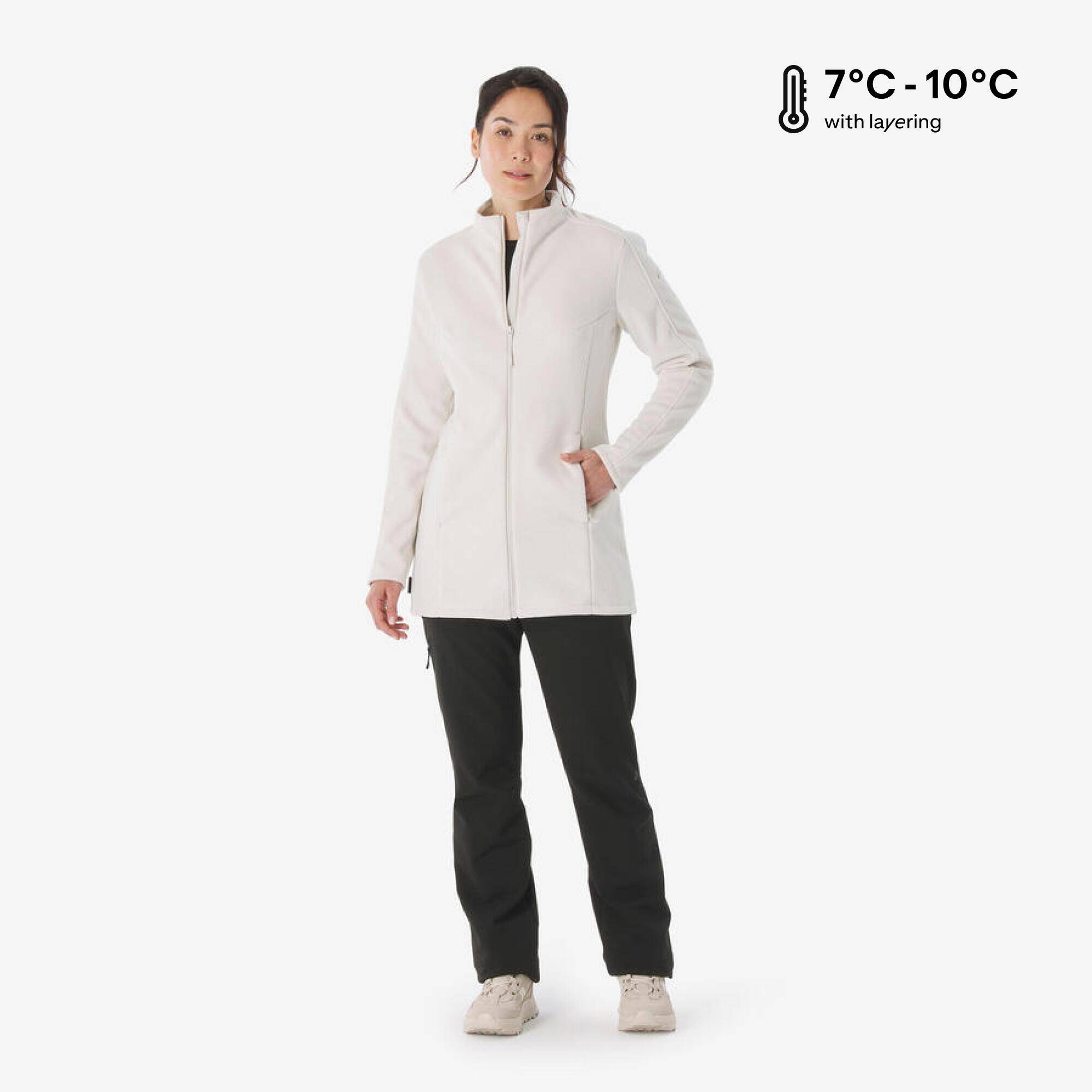 Women’s long mountain hiking fleece jacket, MH500 Full Zip - White -  2