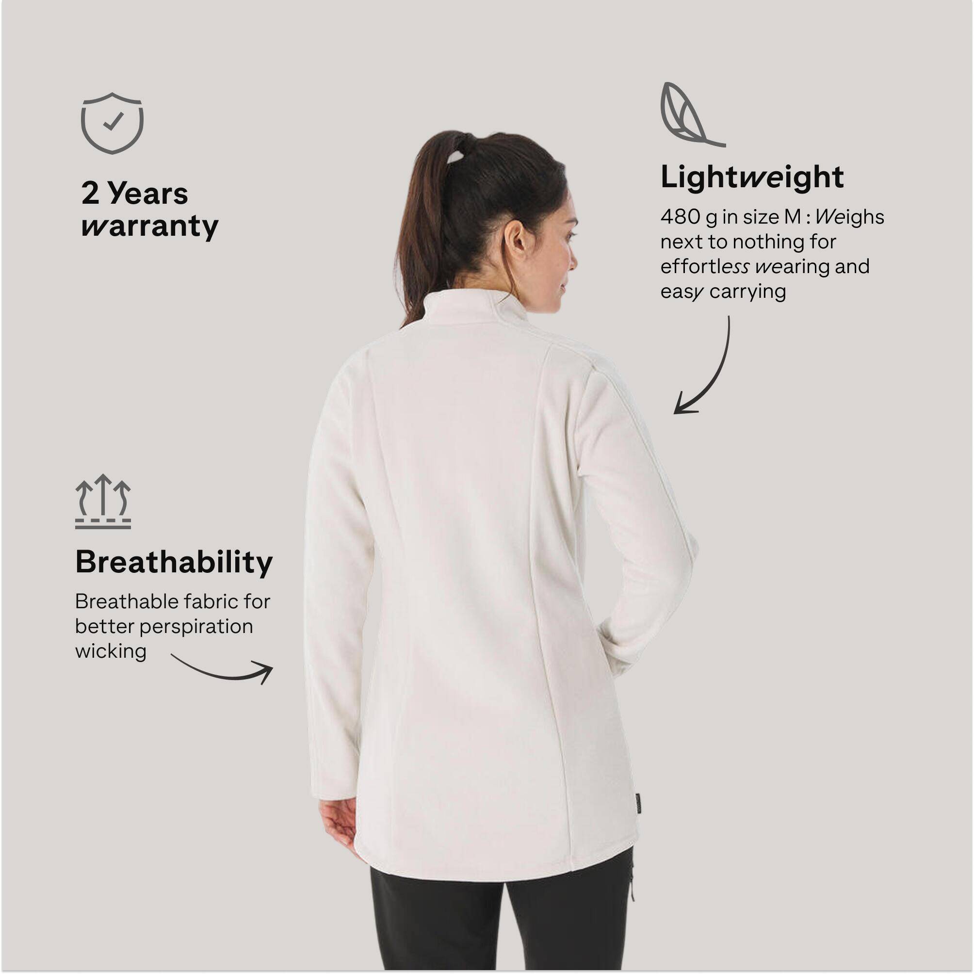 Women’s long mountain hiking fleece jacket, MH500 Full Zip - White -  3
