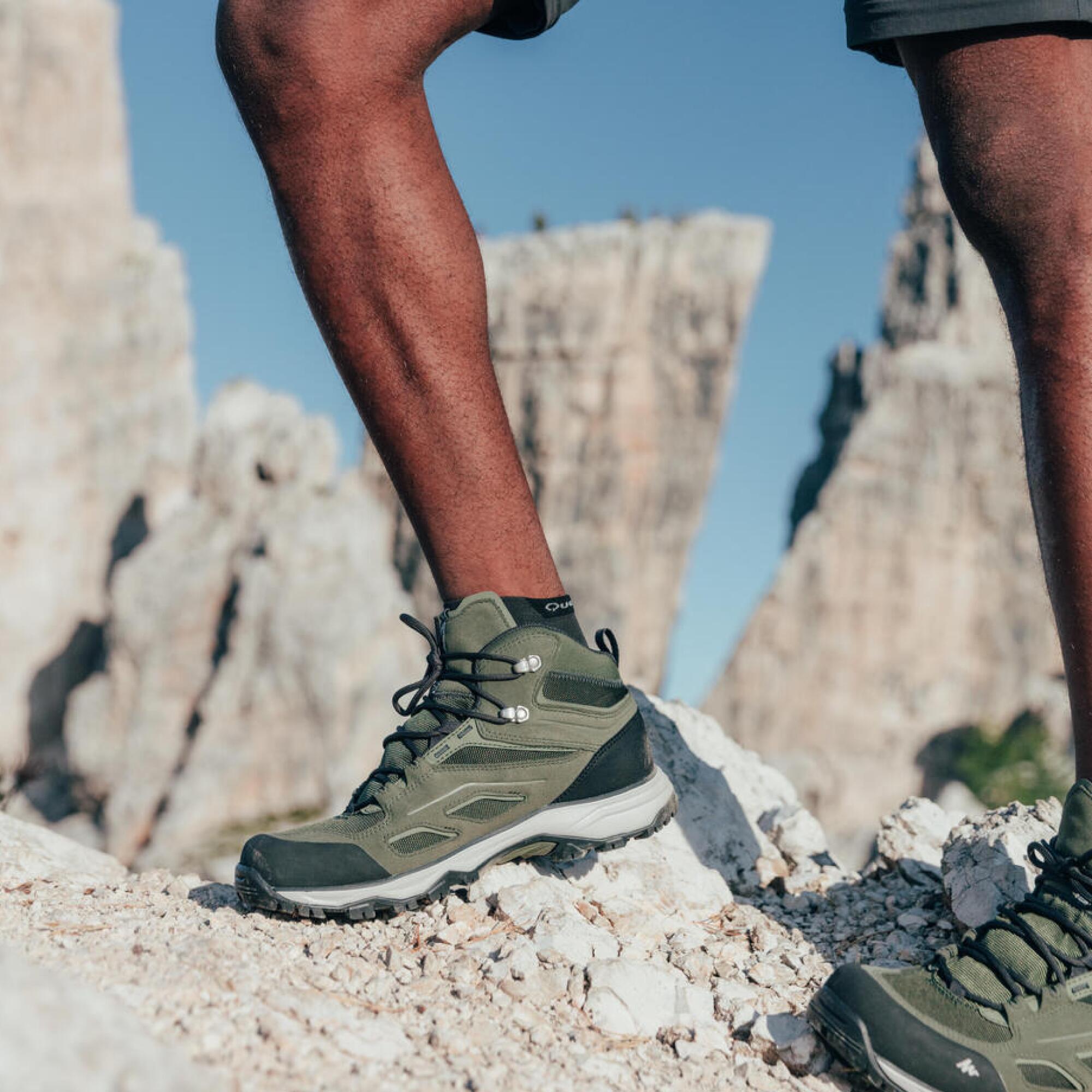 Men Mid Ankle Waterproof Hiking Shoes with Non-Slip Outsole Khaki - MH100