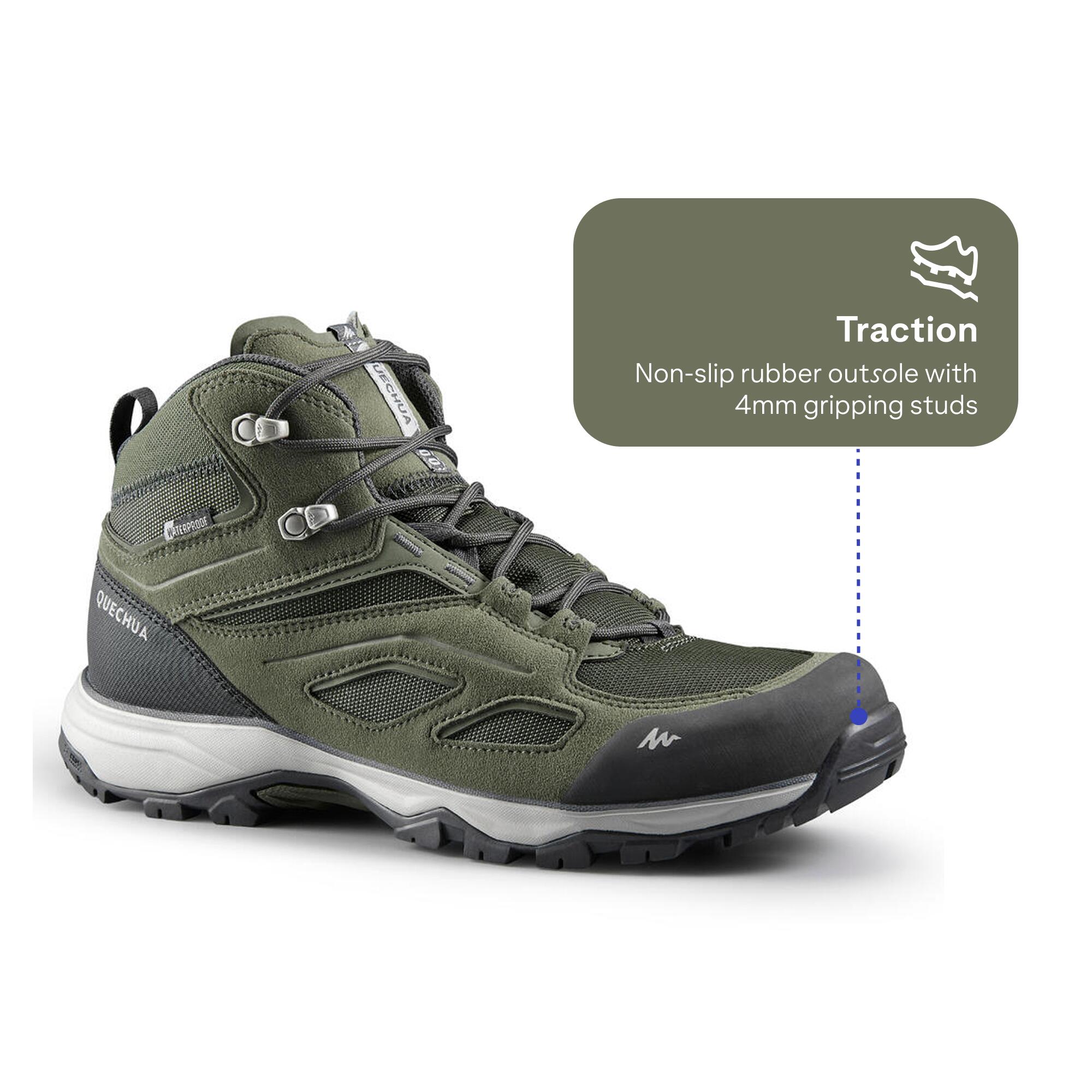 Men Mid Ankle Waterproof Hiking Shoes with Non-Slip Outsole Khaki - MH100