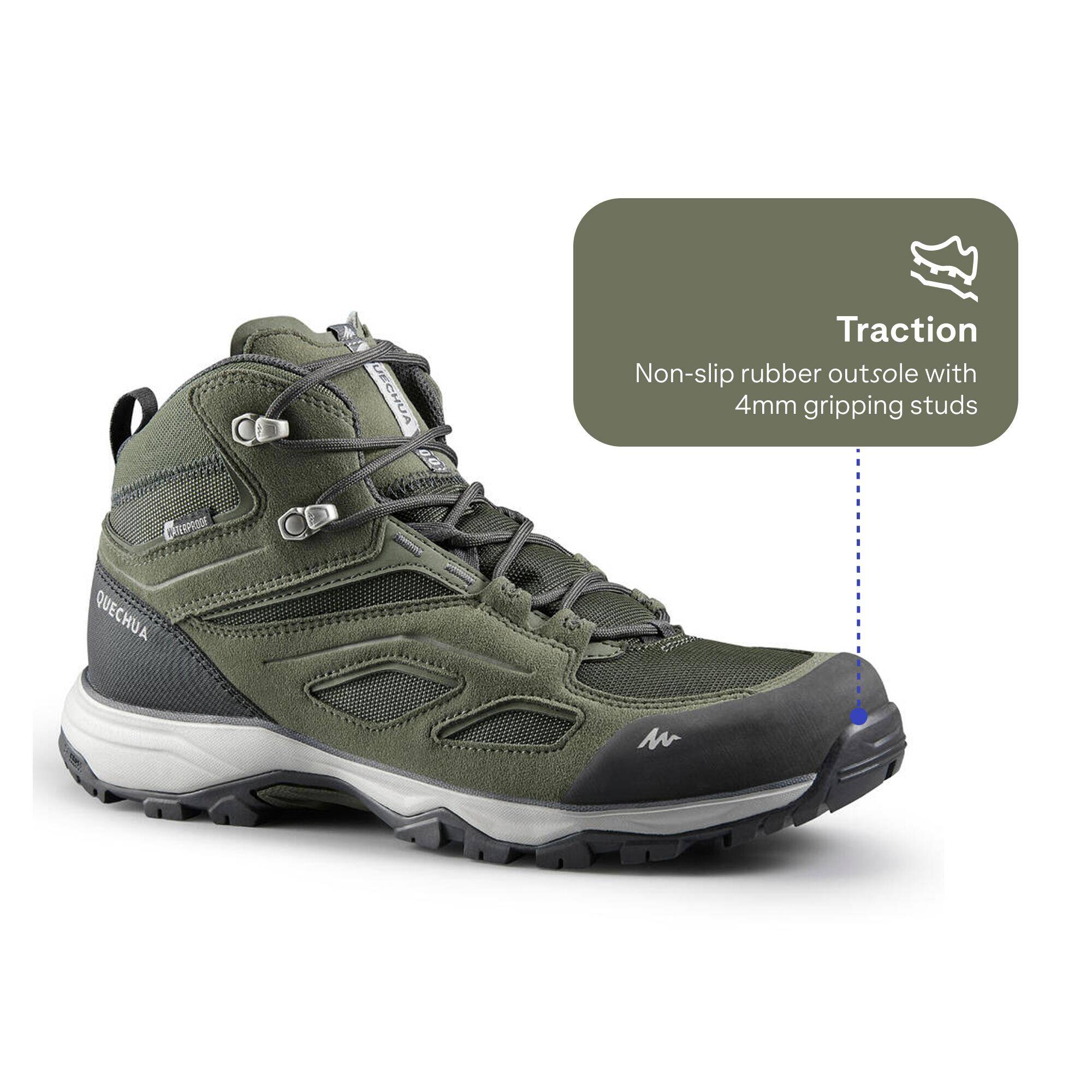 Men Mid Ankle Waterproof Hiking Shoes with Non-Slip Outsole Khaki - MH100 -  3