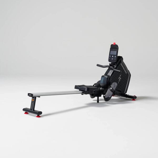 Rowing machine with a sliding seat, foot straps and handle