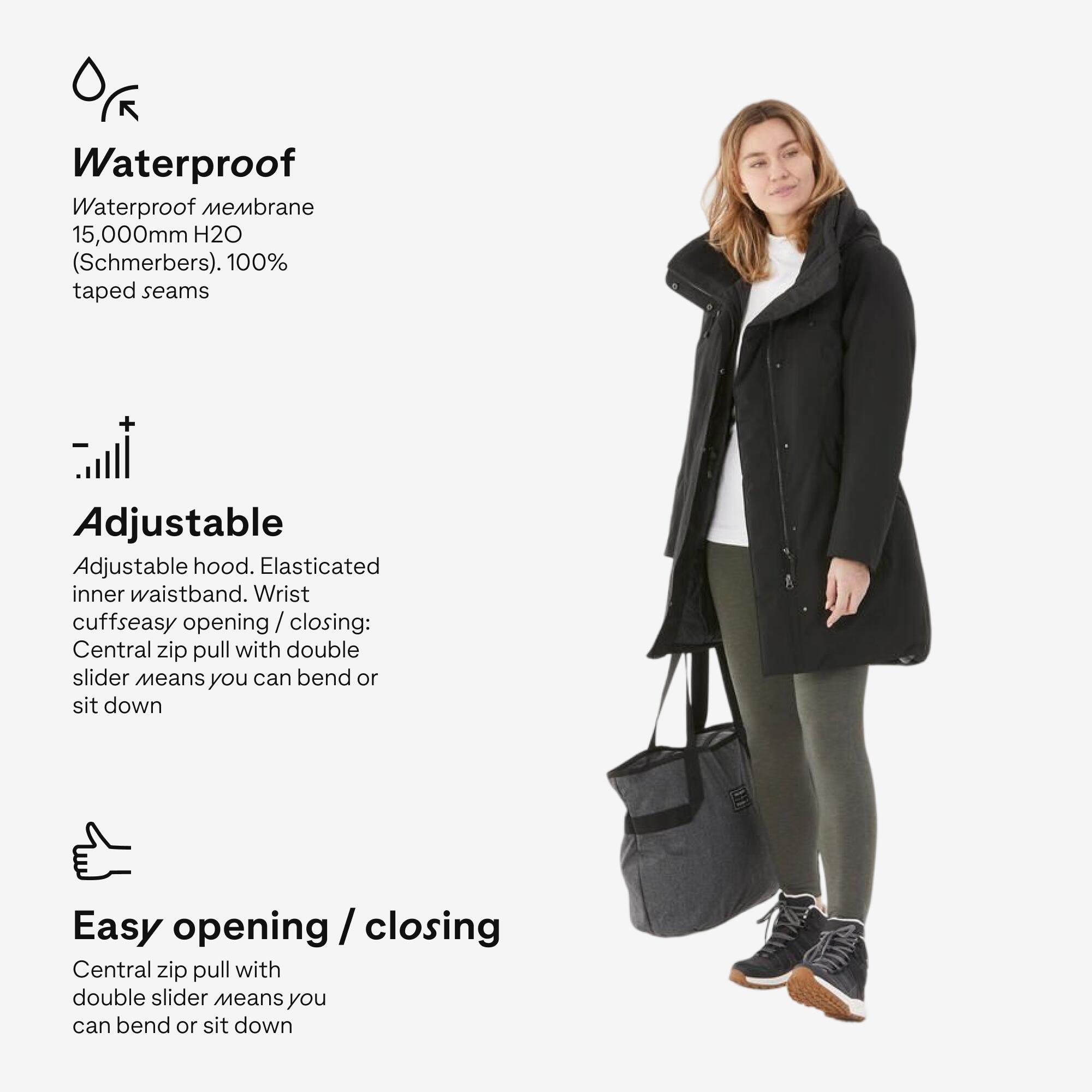 Women Hiking Waterproof Parka Jacket with Hood Warm Upto -10�C, NH500 - Black