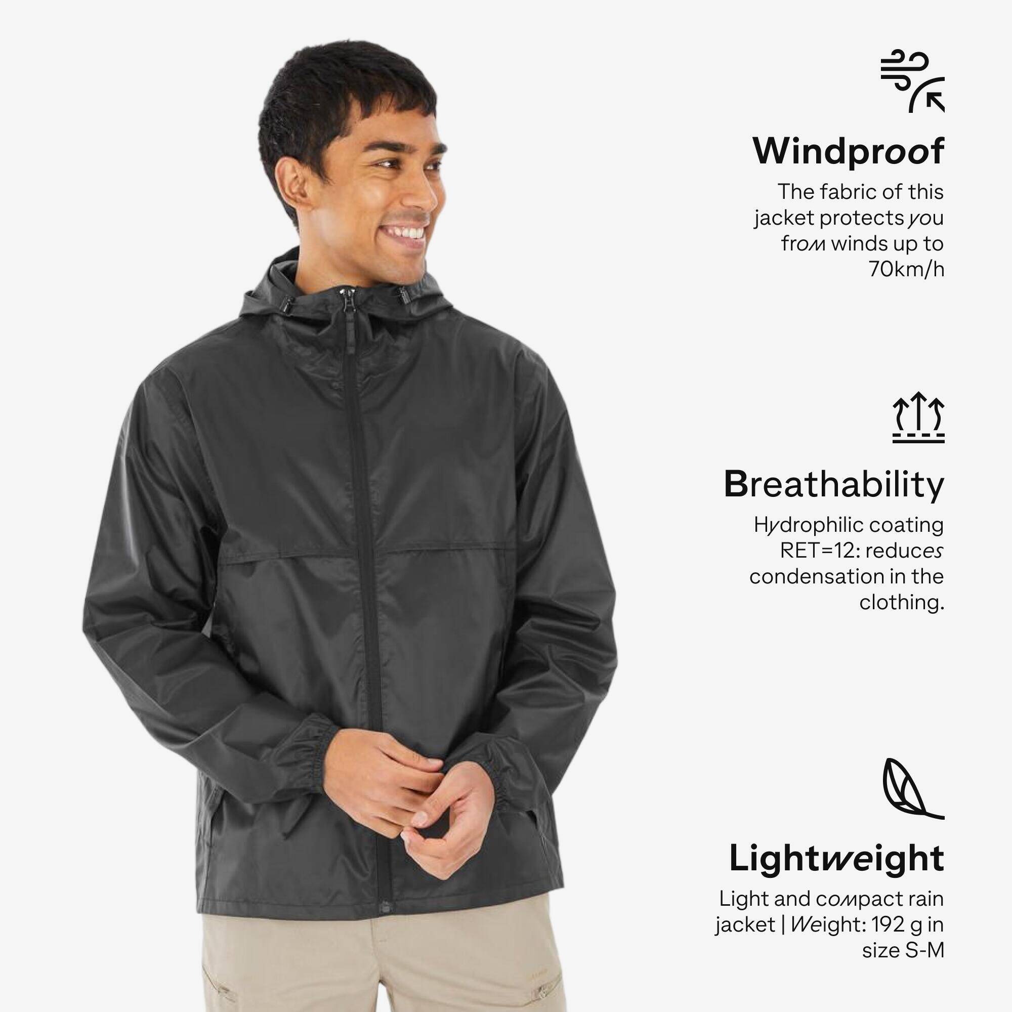 Men’s windproof and waterproof hiking jacket, Raincut Full Zip - Black -  3