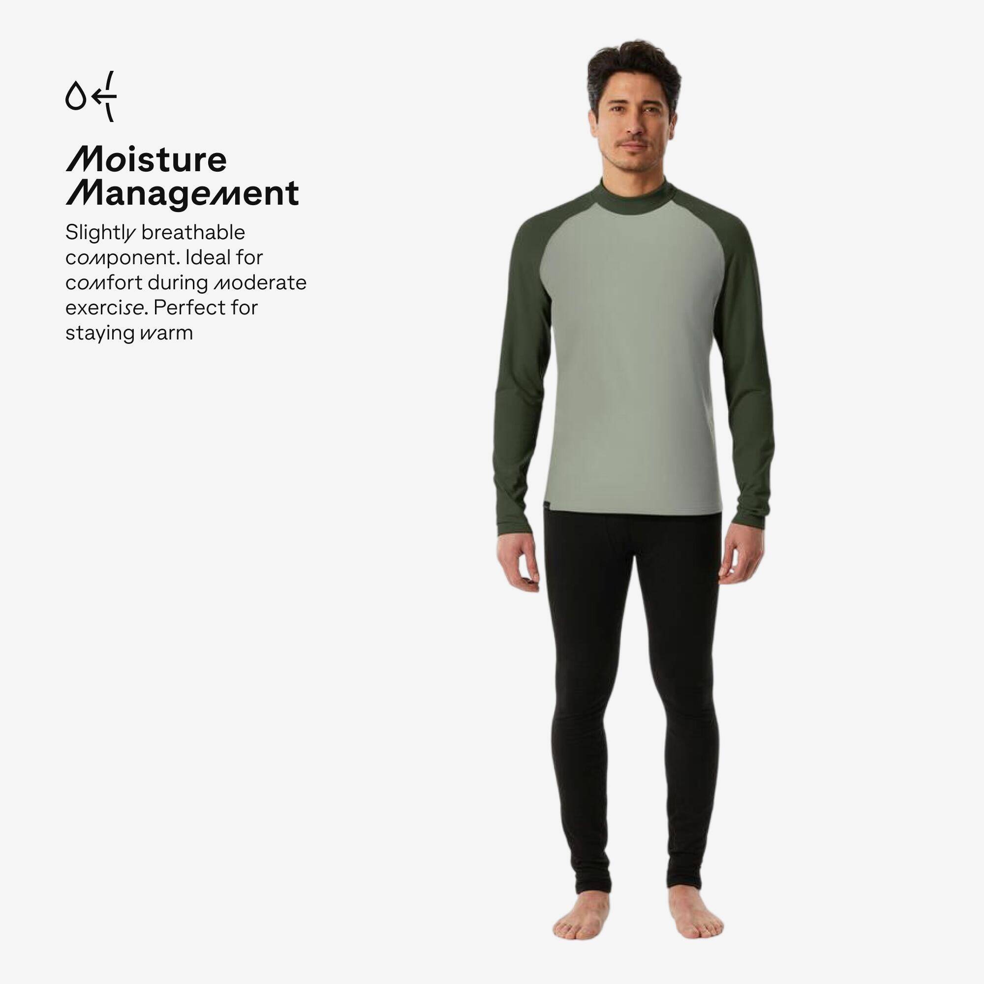 Men’s warm and breathable ski base layer, BL 500 - Dark and Light Green -  2