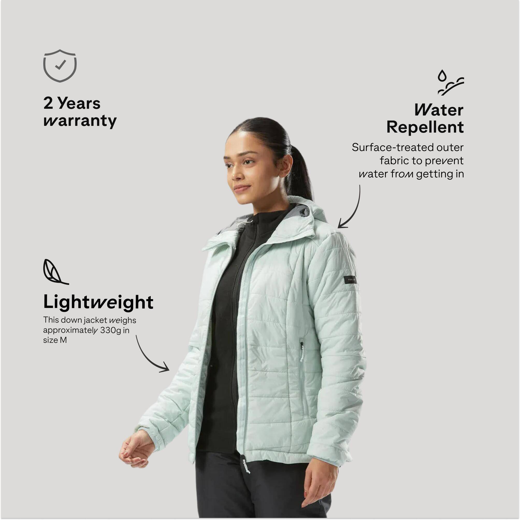 Women Warm Puffer Jacket with hood for mountain trekking- MT100  -5°C -  3