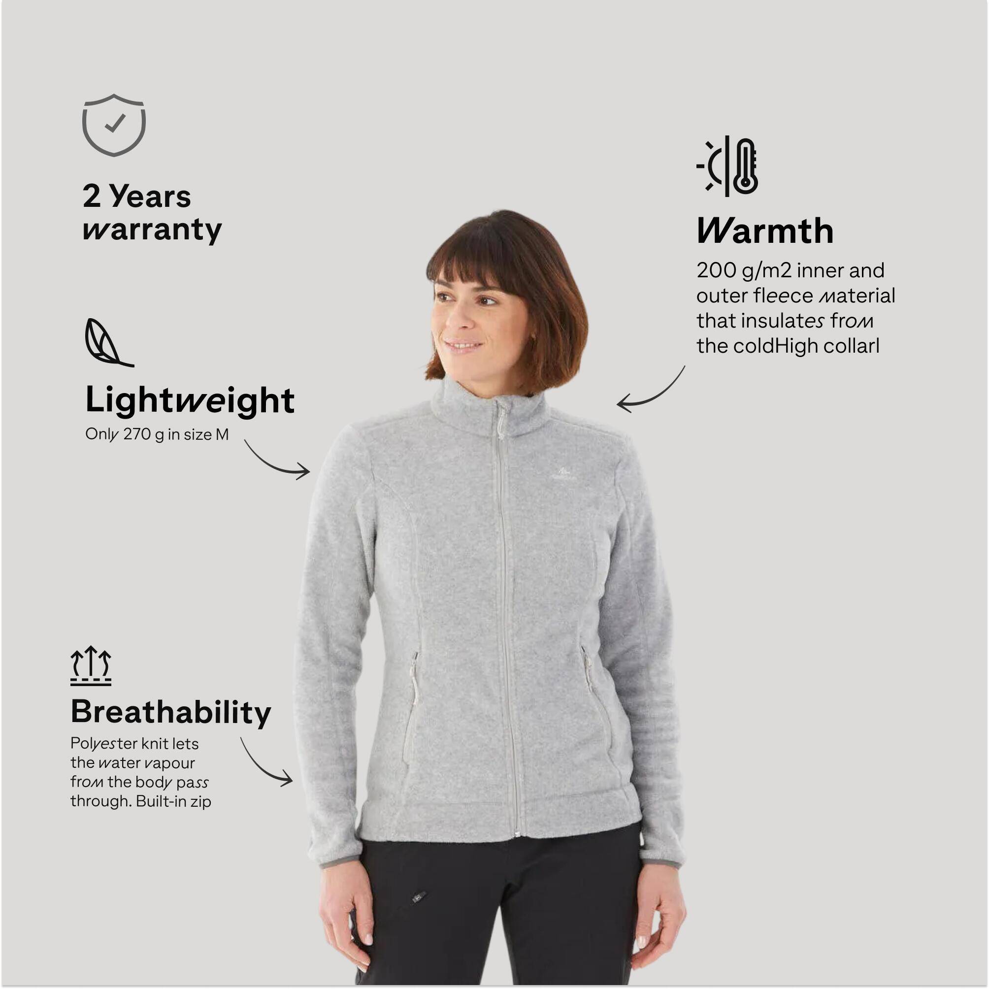 Women Sweater Full-Zip Fleece for Hiking MH100 Grey -  3