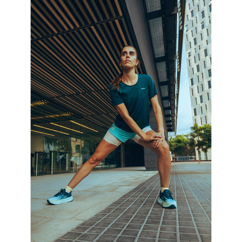 Kadın 2'si 1 Arada Koşu/Arazi Koşusu Şortu - Mavi/Sarı - Kiprun Run 500 Confort