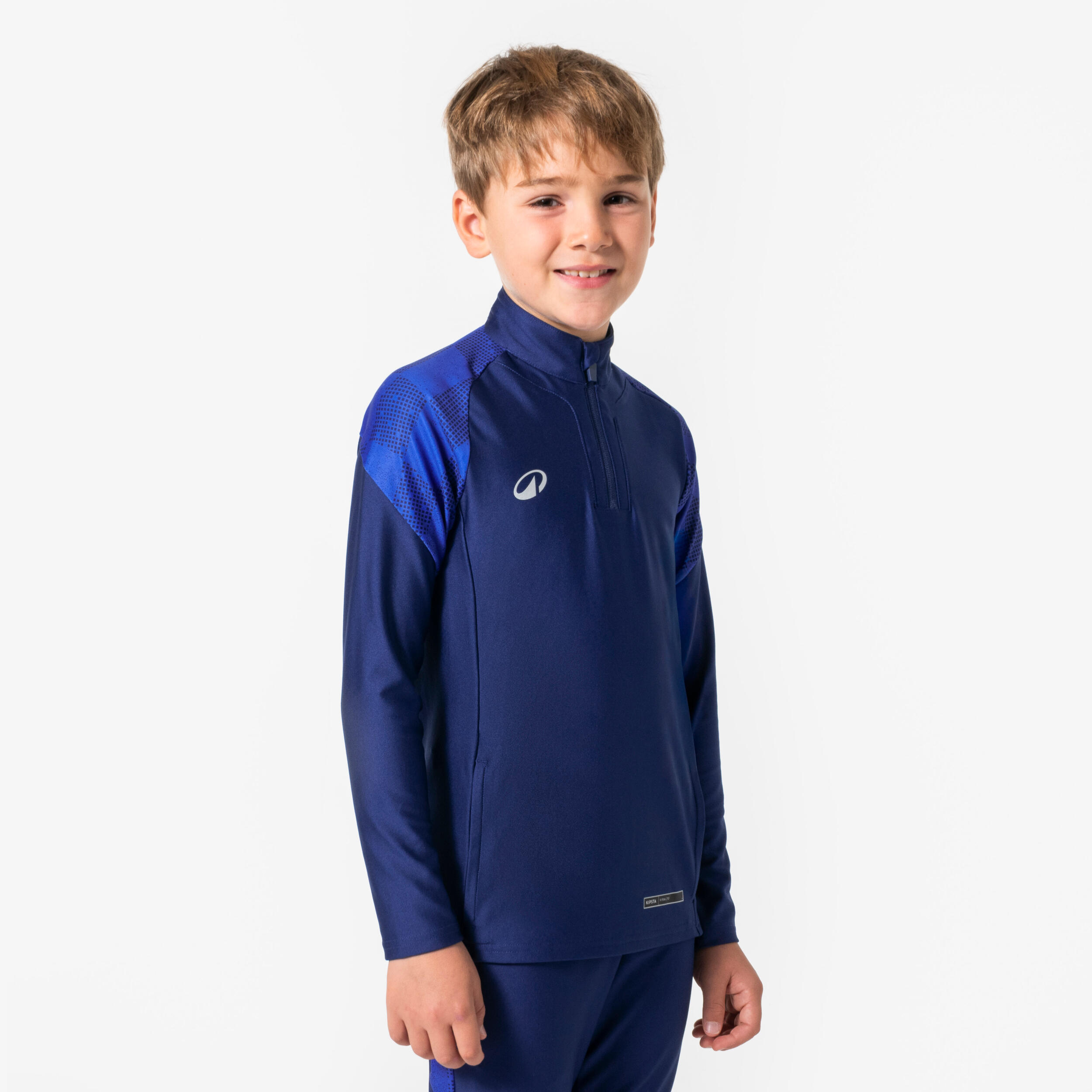 Sweat de football 1/2 zip enfant VIRALTO KIDS Check Marine et manche bleue