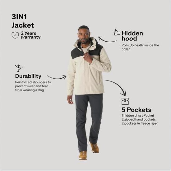 Veste 3en1 de randonnée 0°C imperméable homme, NH100 beige