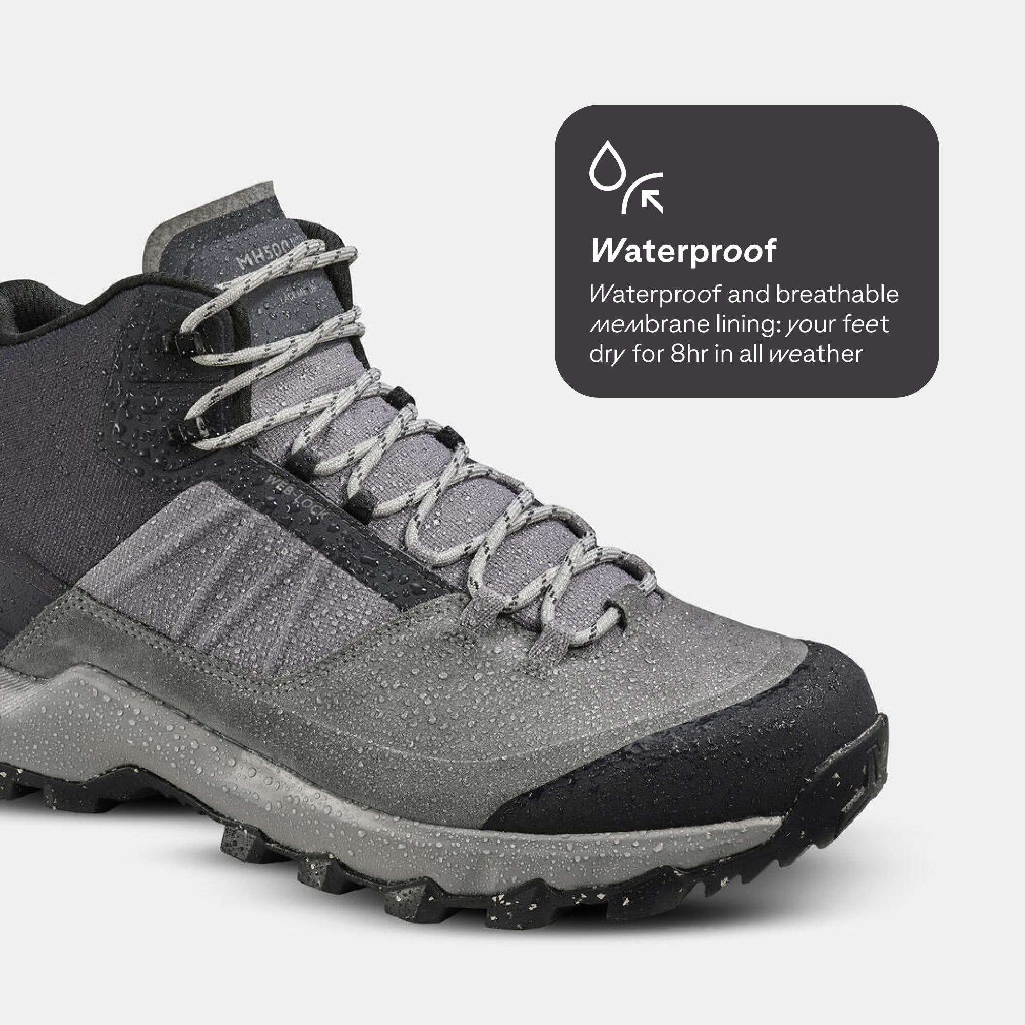 Men Waterproof Hiking Shoes Mid Ankle with Cushion Comfort Grey - MH500