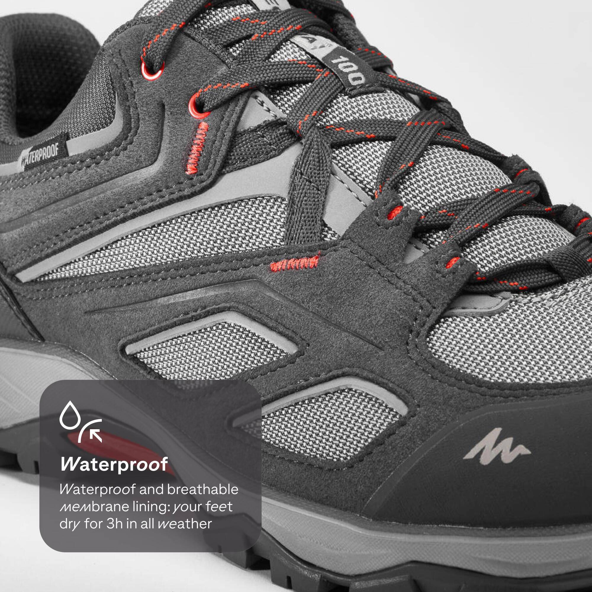 Men Low Ankle Waterproof Hiking Shoes with Non-Slip Outsole Grey - MH100 -  4