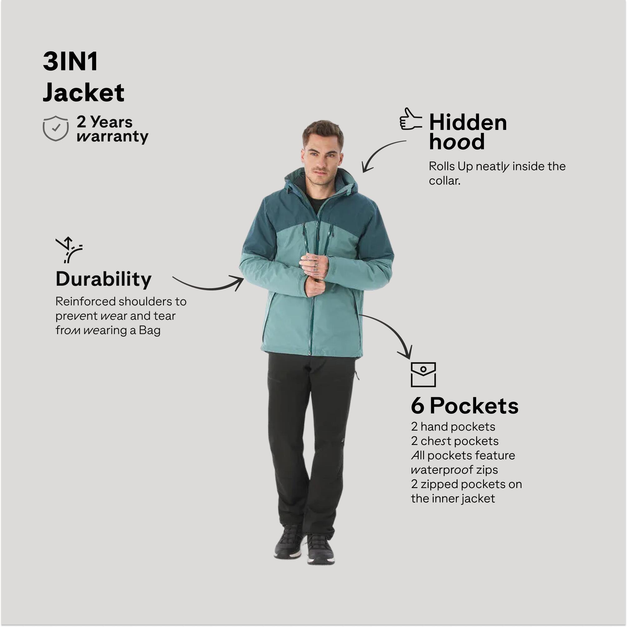 Men’s 3in1 waterproof hiking jacket -10°C, MH500 Mountain - Green