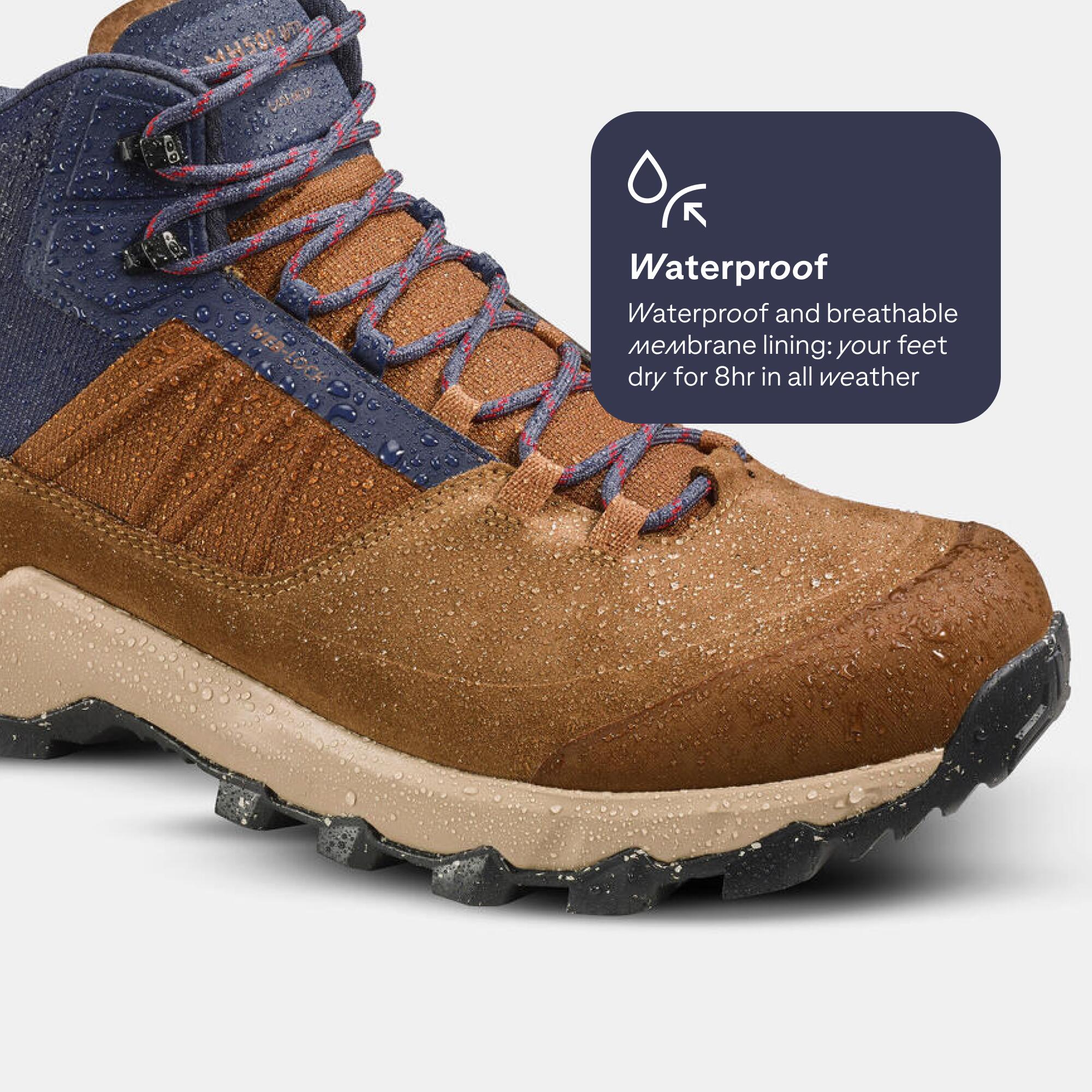 Men Waterproof Hiking Shoes Mid Ankle with Cushion Comfort Brown - MH500