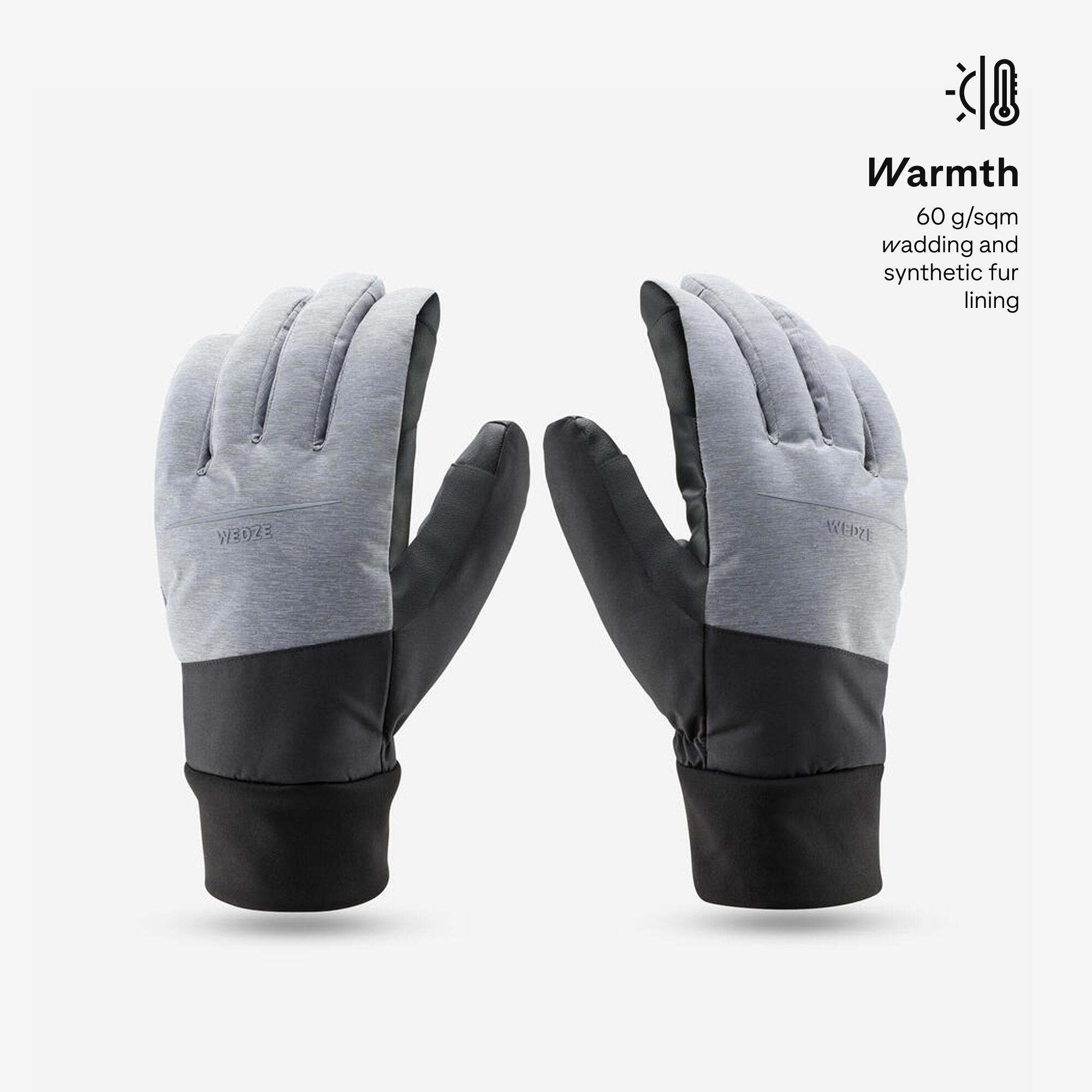 Gants de ski 100 gris perle et noir adulte 11/14