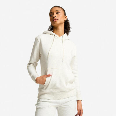 Felpa donna fitness 500 ESSENTIALS misto cotone con cappuccio bianca