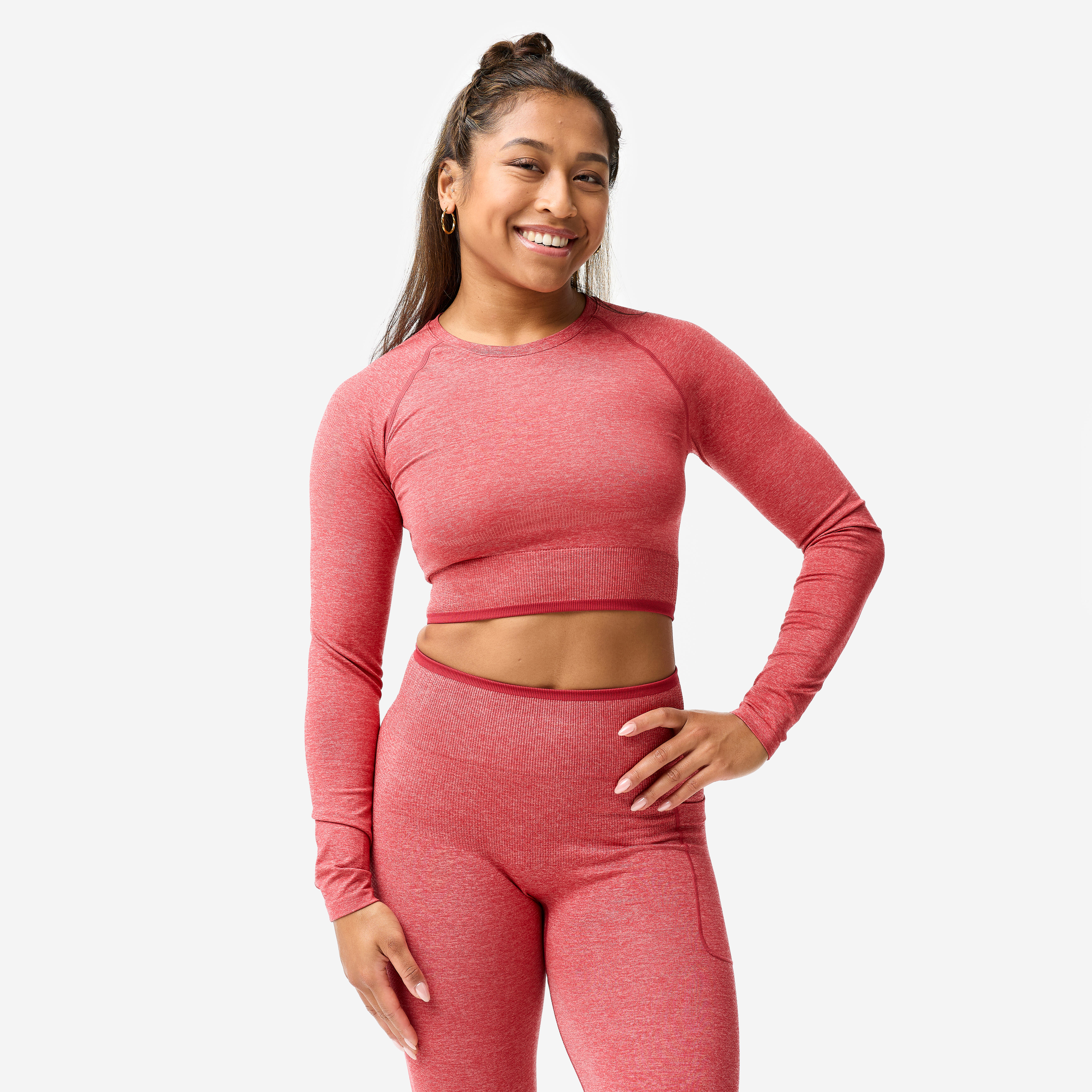 Crop top manches longues de musculation femme, rouge et rose