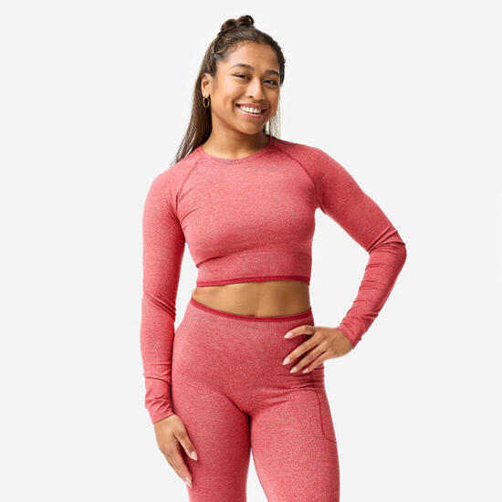 Crop top manches longues de musculation femme, rouge et rose