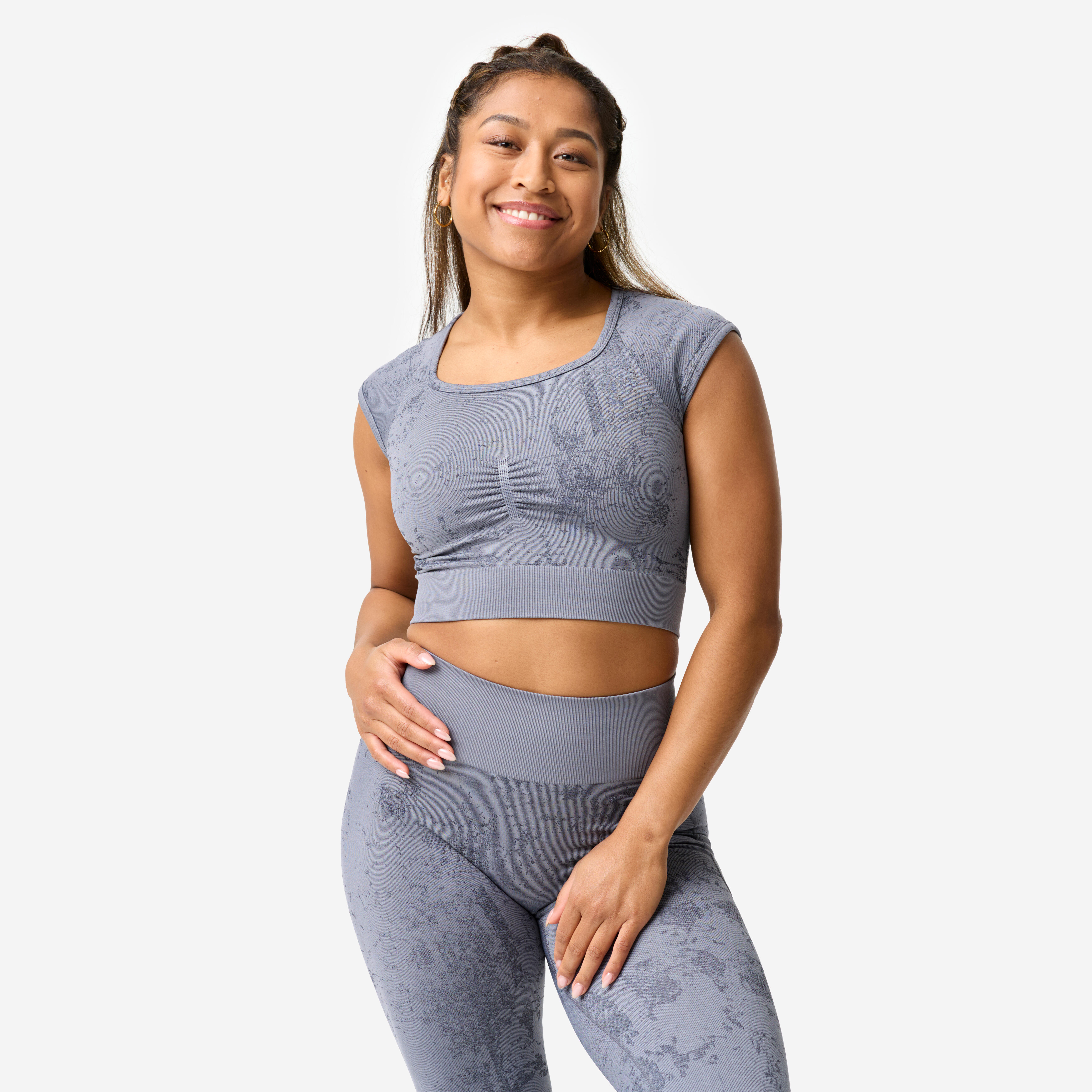 Tee-shirt crop top seamless femme, imprimé gris