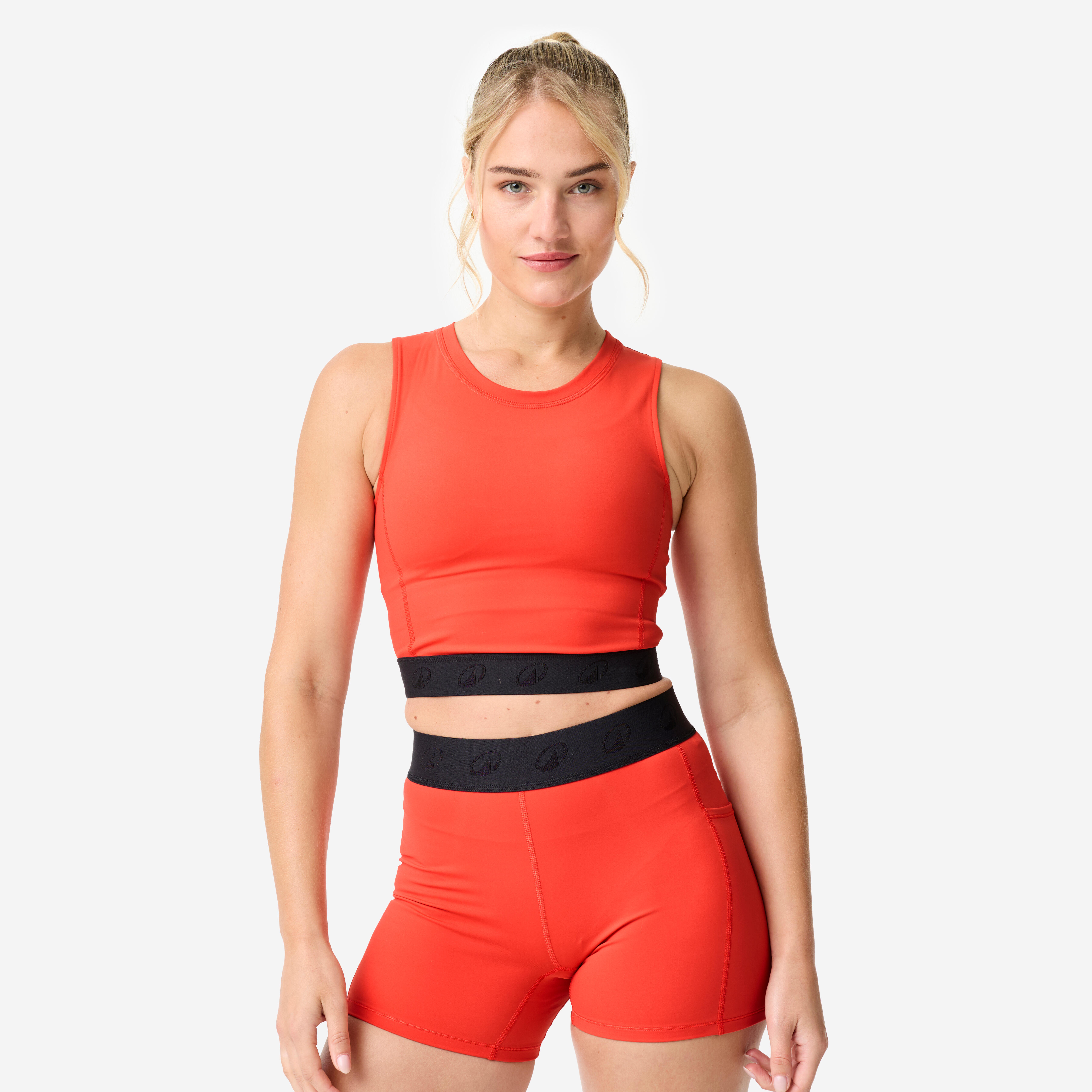 T-shirt crop top de sport élastique à la taille femme, orange
