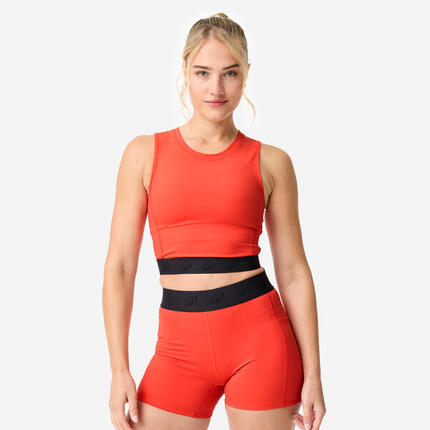 T-shirt crop top de sport élastique à la taille femme, orange