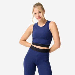 Camiseta Crop Top Deportiva Mujer Azul Marino Cintura Elástica