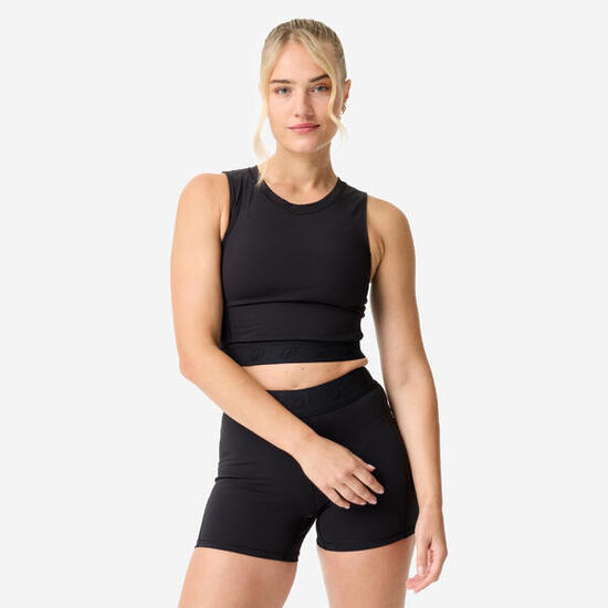 T-shirt crop top de sport élastique à la taille femme, noir