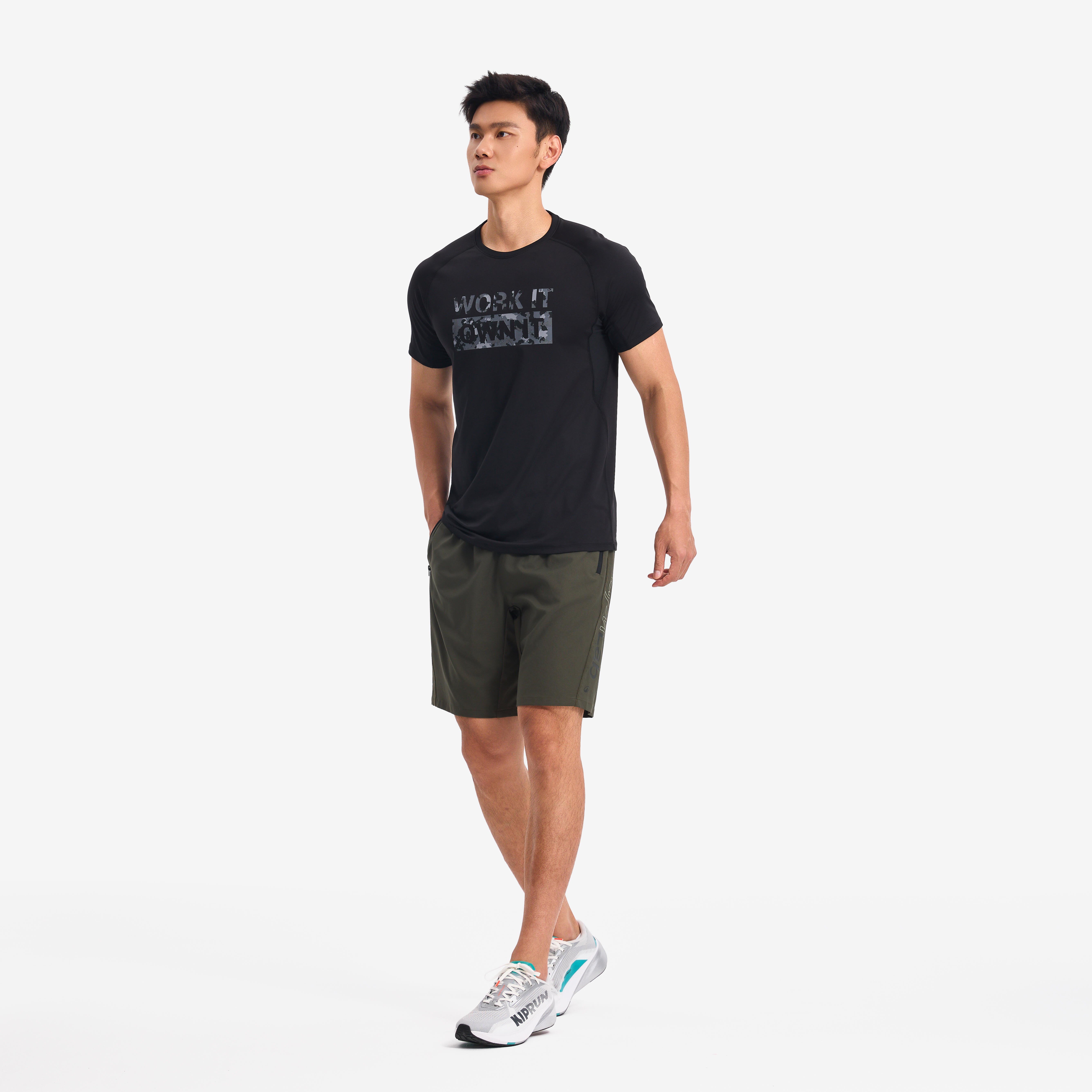 Men's Breathable Fitness Shorts with Zipped Pockets - Khaki Green