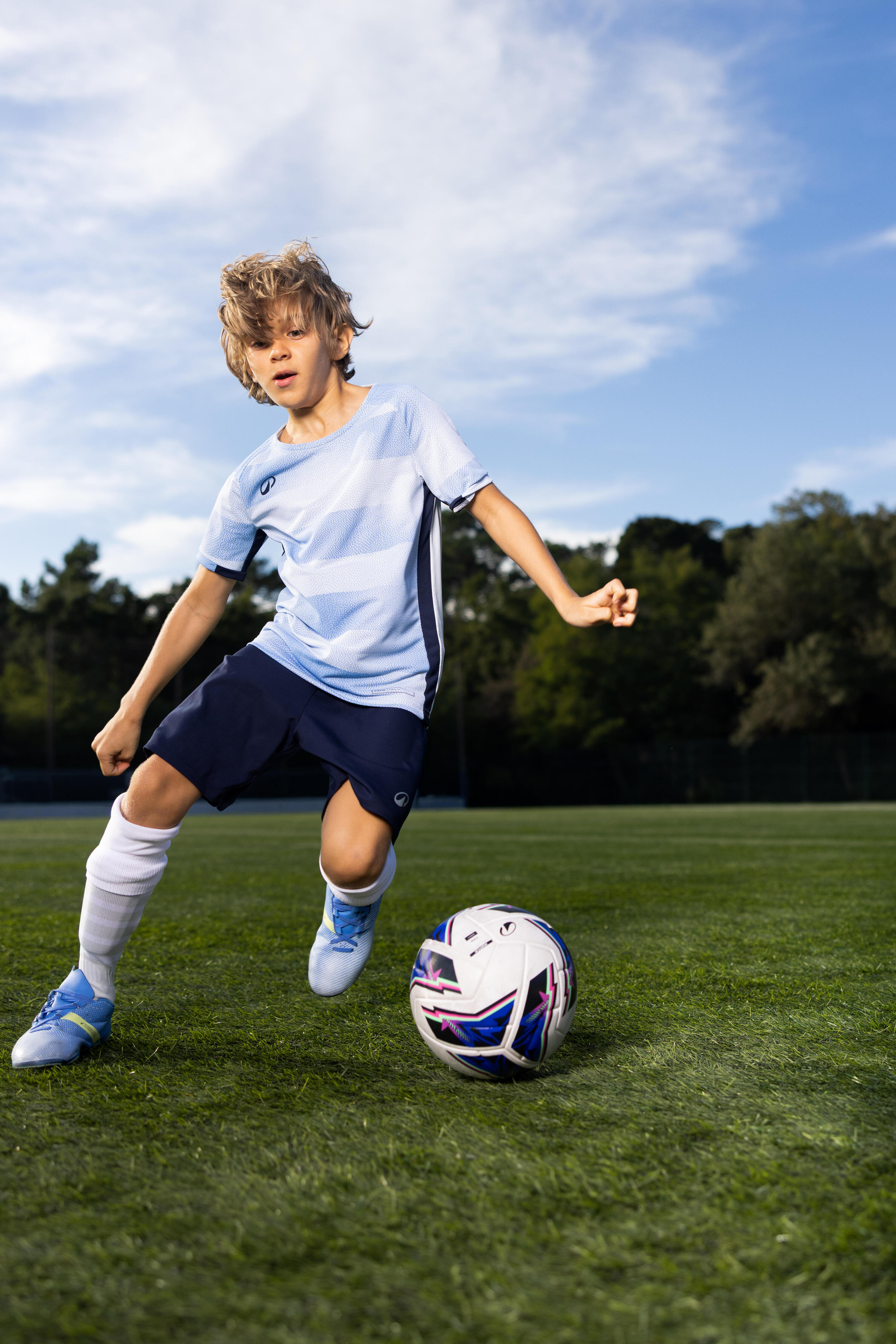 Camisola de Manga Curta de Futebol Criança VIRALTO Block Azul-celeste/Azul 8/9