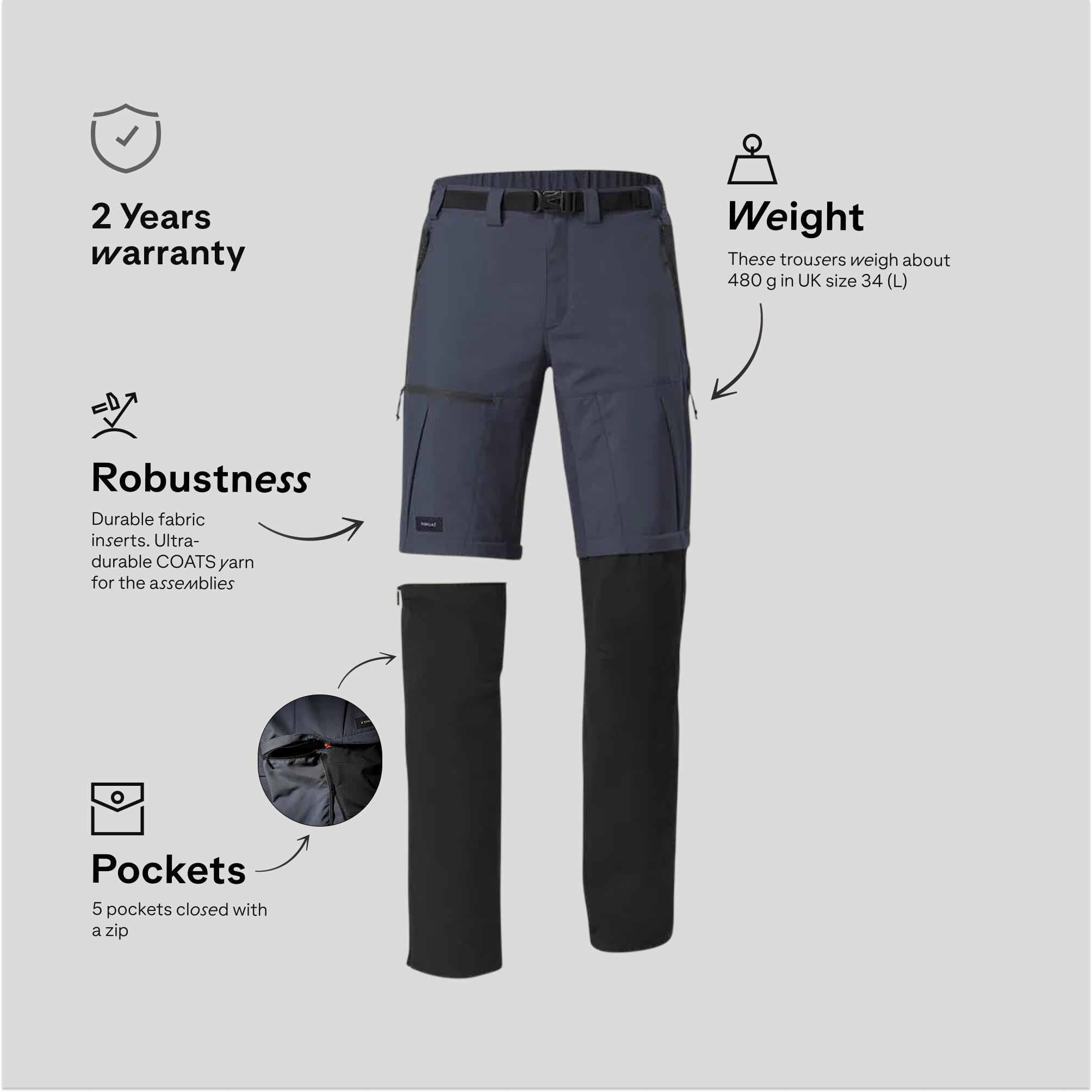 Men Zip-Off Dry Fit Durable Trekking Pants Grey Blue - MT500
