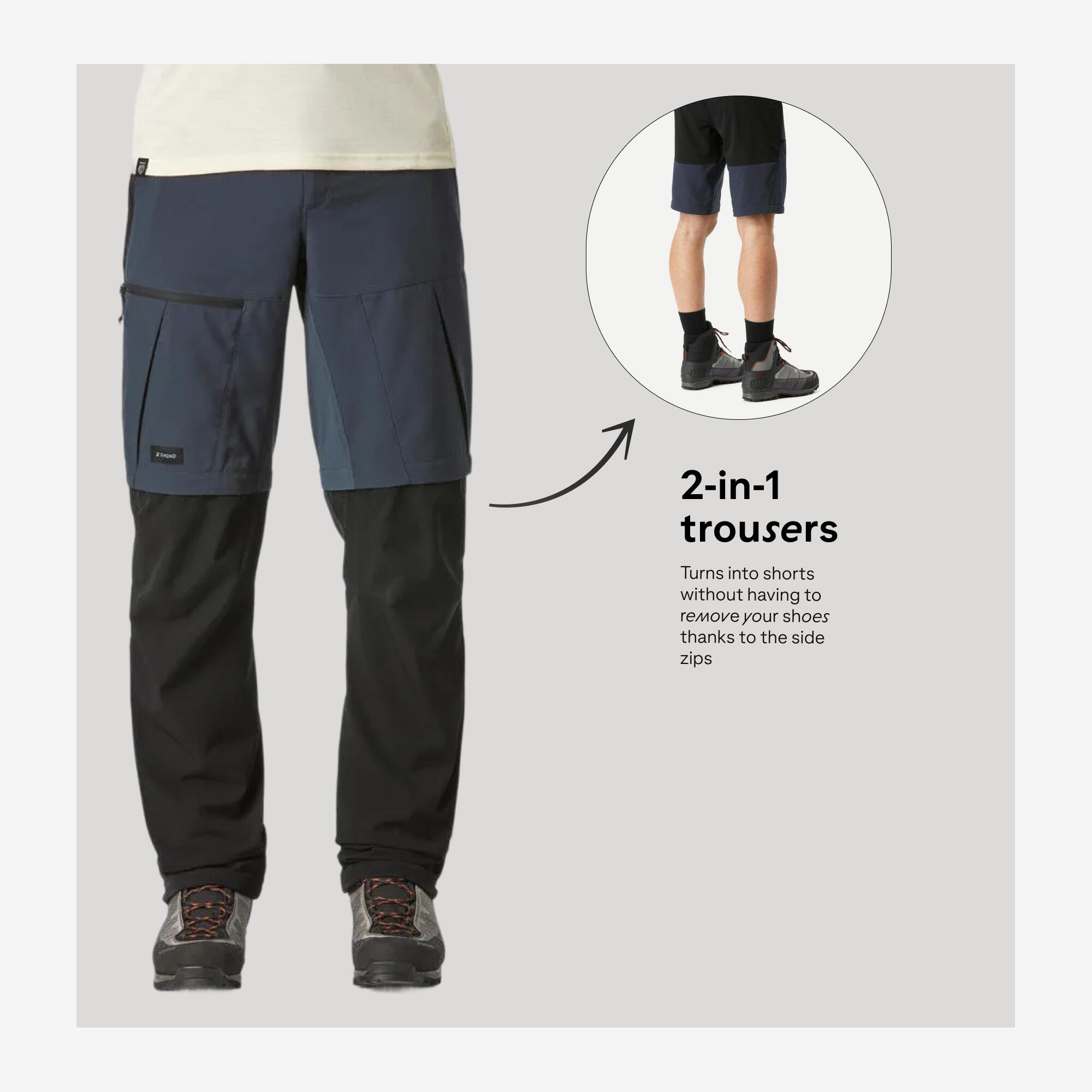 Men Zip-Off Dry Fit Durable Trekking Pants Grey Blue - MT500