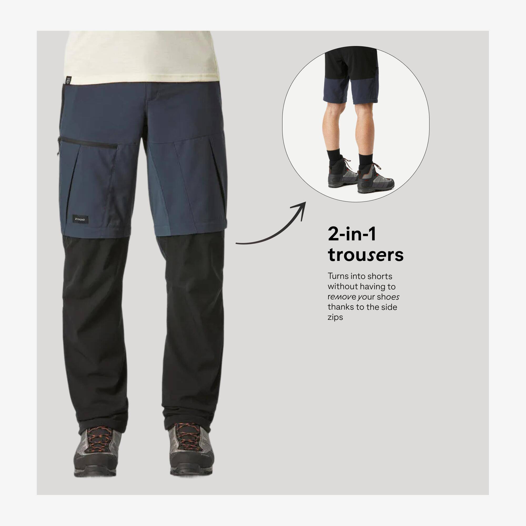 Men Zip-Off Dry Fit Durable Trekking Pants Grey Blue - MT500 -  2