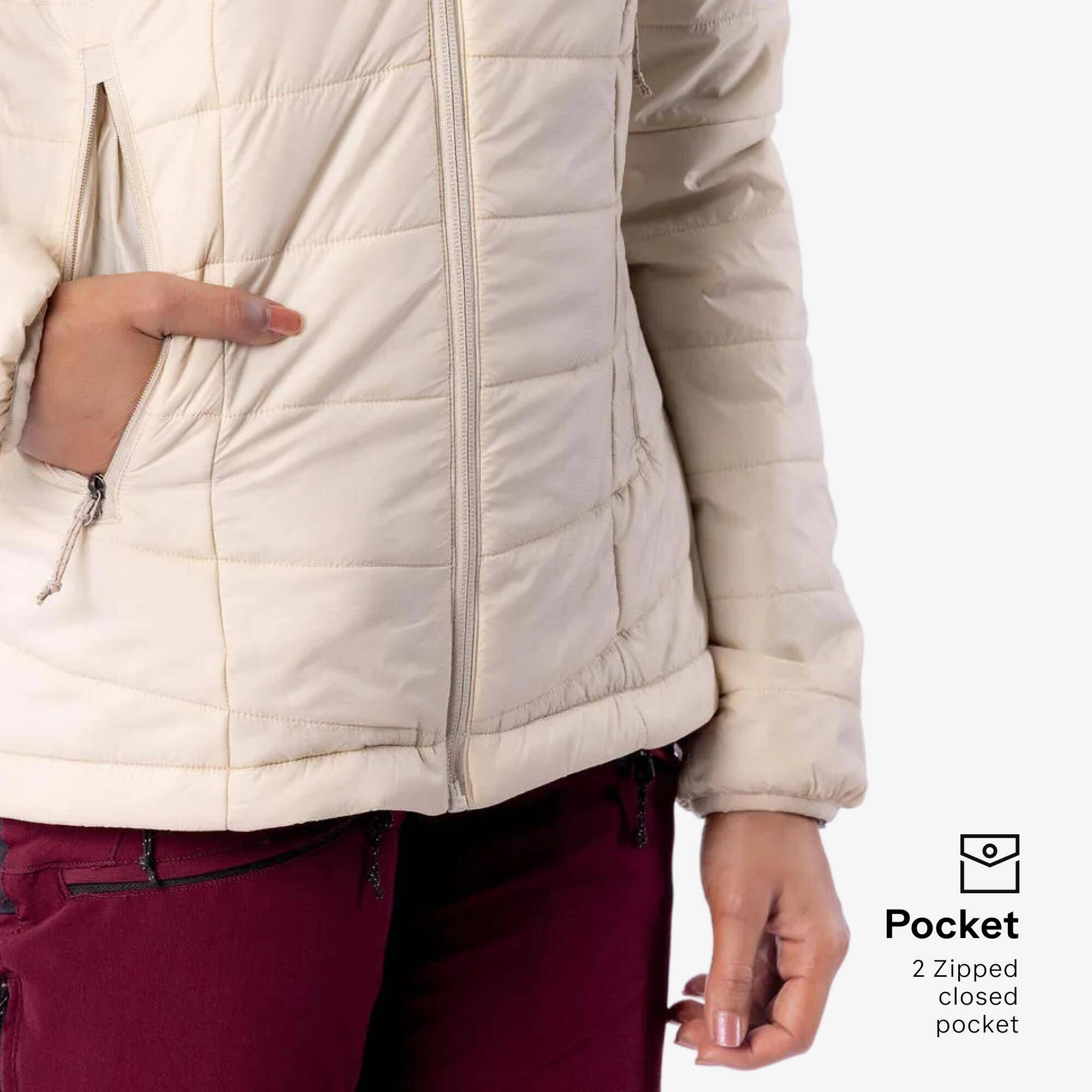 Women Warm Puffer Jacket with hood for mountain trekking- MT100 -5°C - Beige -  4