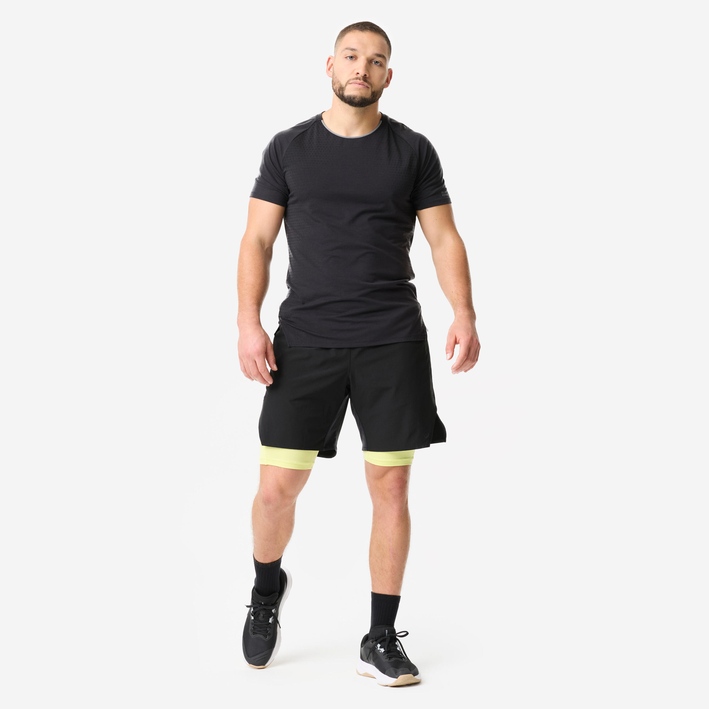 Short de cross training respirant et léger homme Celliant, noir et jaune 2/13
