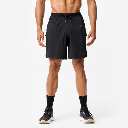Short de fitness long 23cm homme, noir et gris
