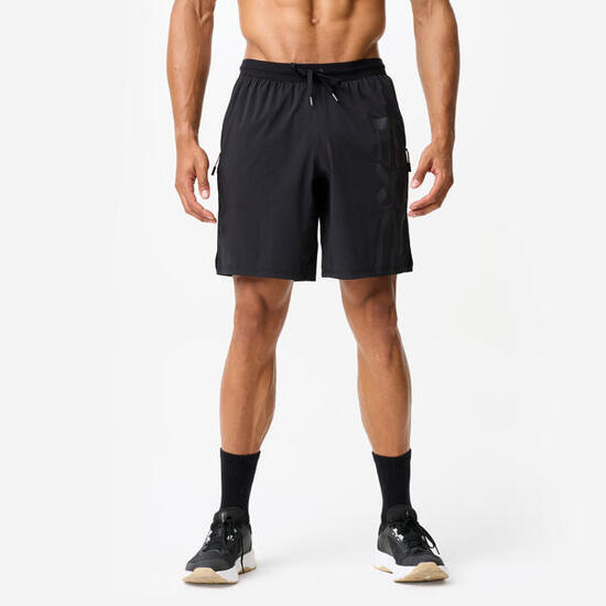 Short de fitness long 23cm homme, noir et gris
