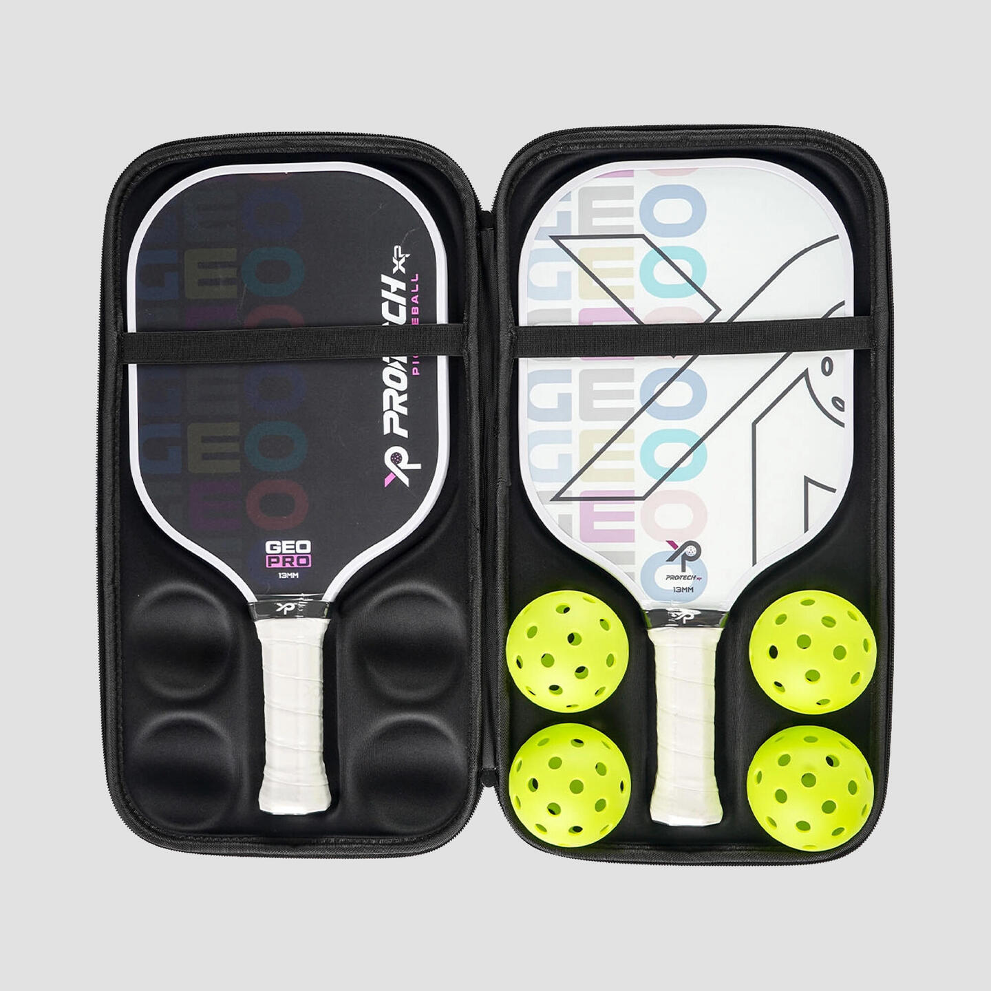 Geo Pro Pickleball Set (Black White) with 2 Paddles, 1 Hard Cover, 4 Balls