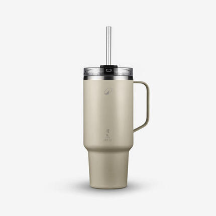 Mug isotherme avec paille 1L en inox, pour la randonnée et camping, beige