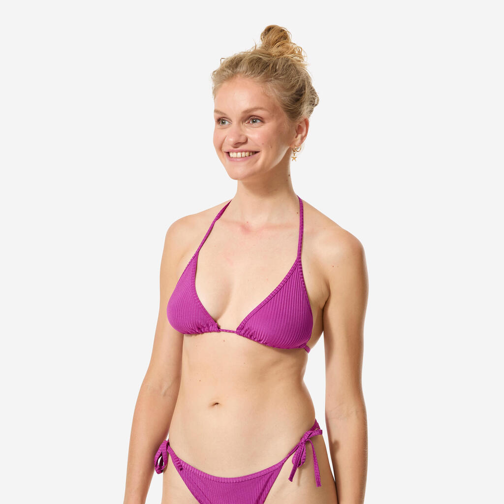 Women’s ribbed triangle swimsuit top with adjustable straps, Mae purple