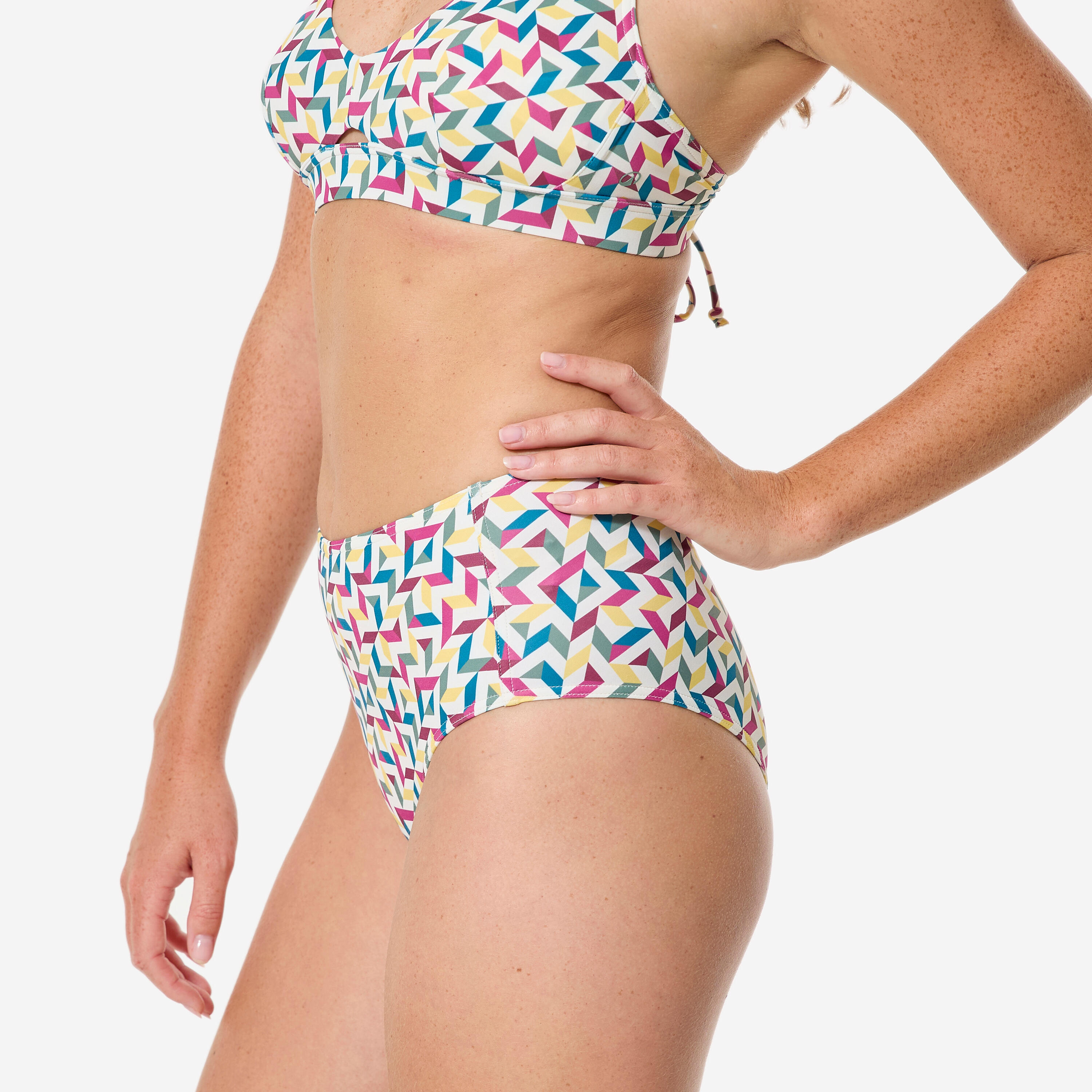 Bikinibroekje Romi dames surfen hoge taille mozaïek beige 4/6