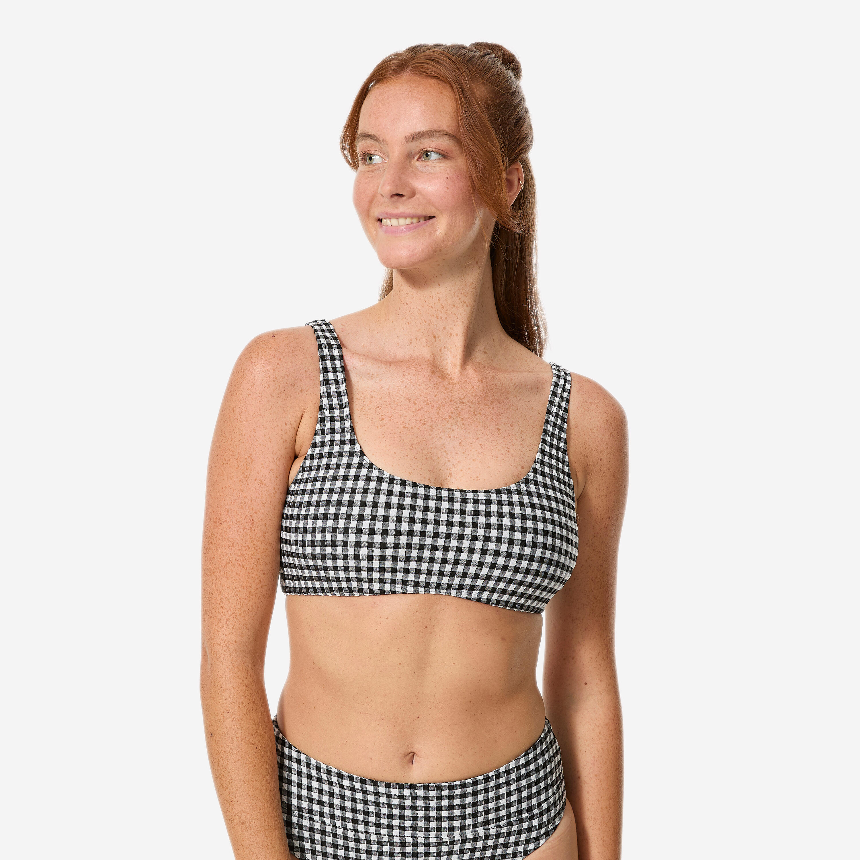 Women’s surfing bralette bikini top, Aurely gingham black and white-image-32