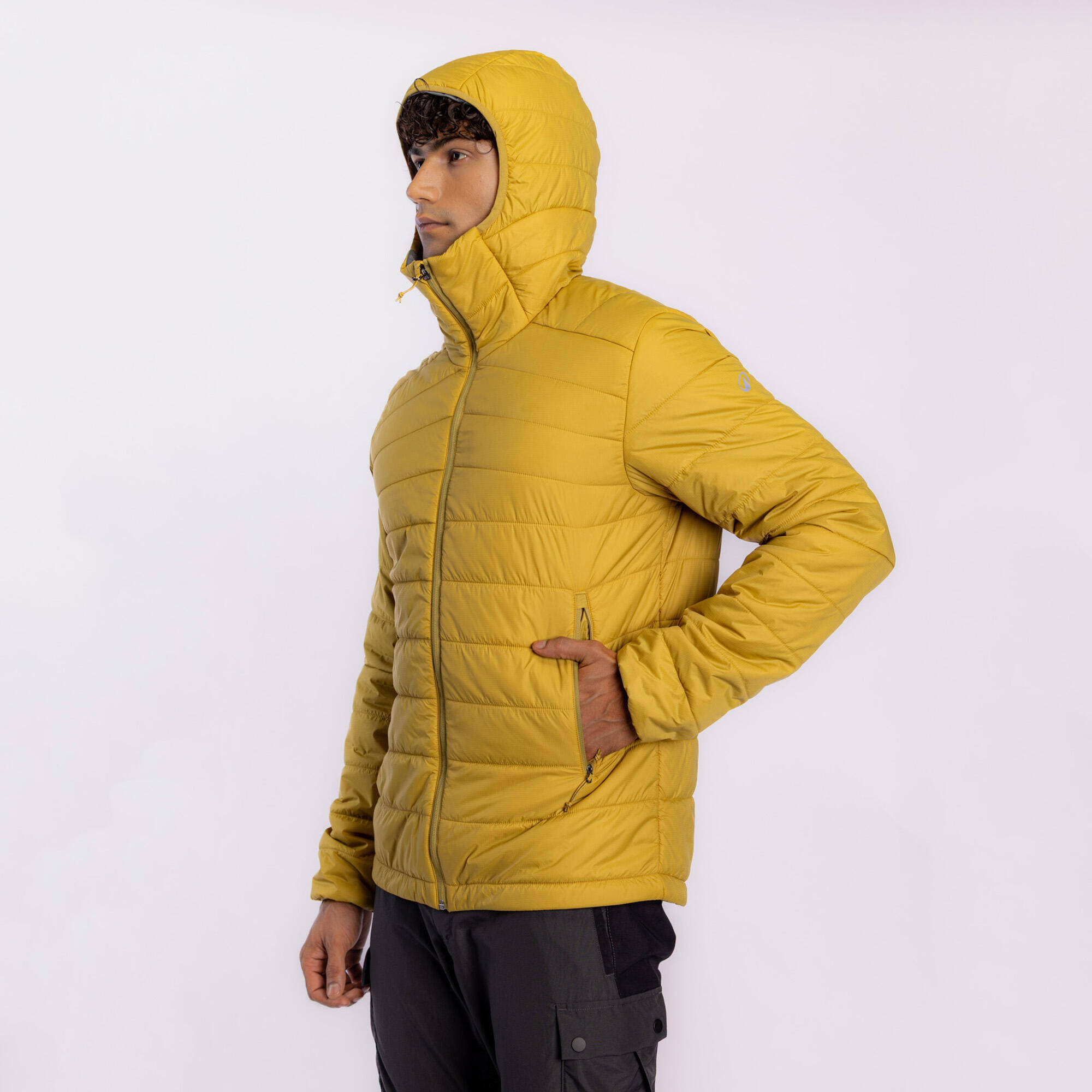 Men’s synthetic trekking down jacket with hood, MT100 -5°C - Khaki -  2