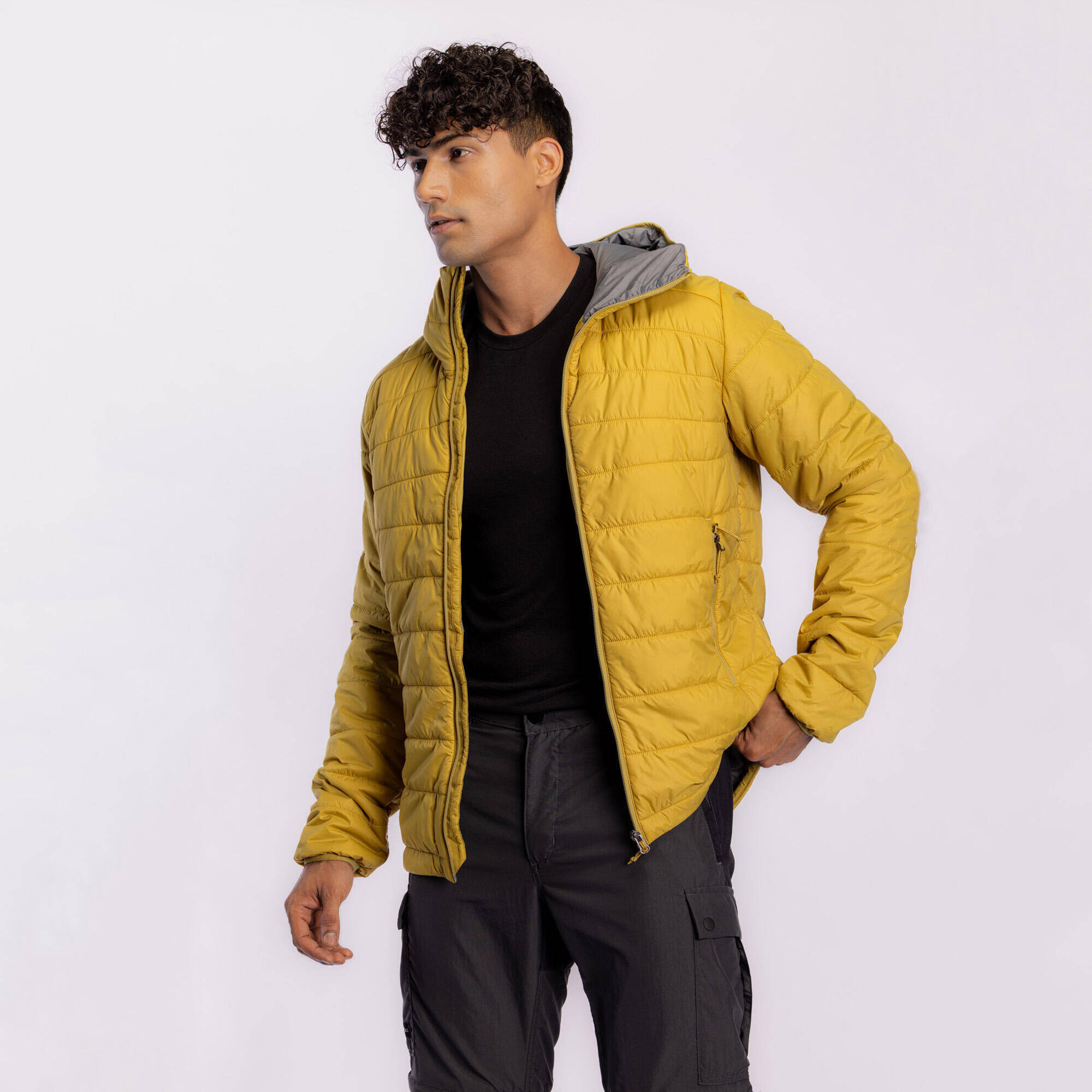 Men’s synthetic trekking down jacket with hood, MT100 -5°C - Khaki