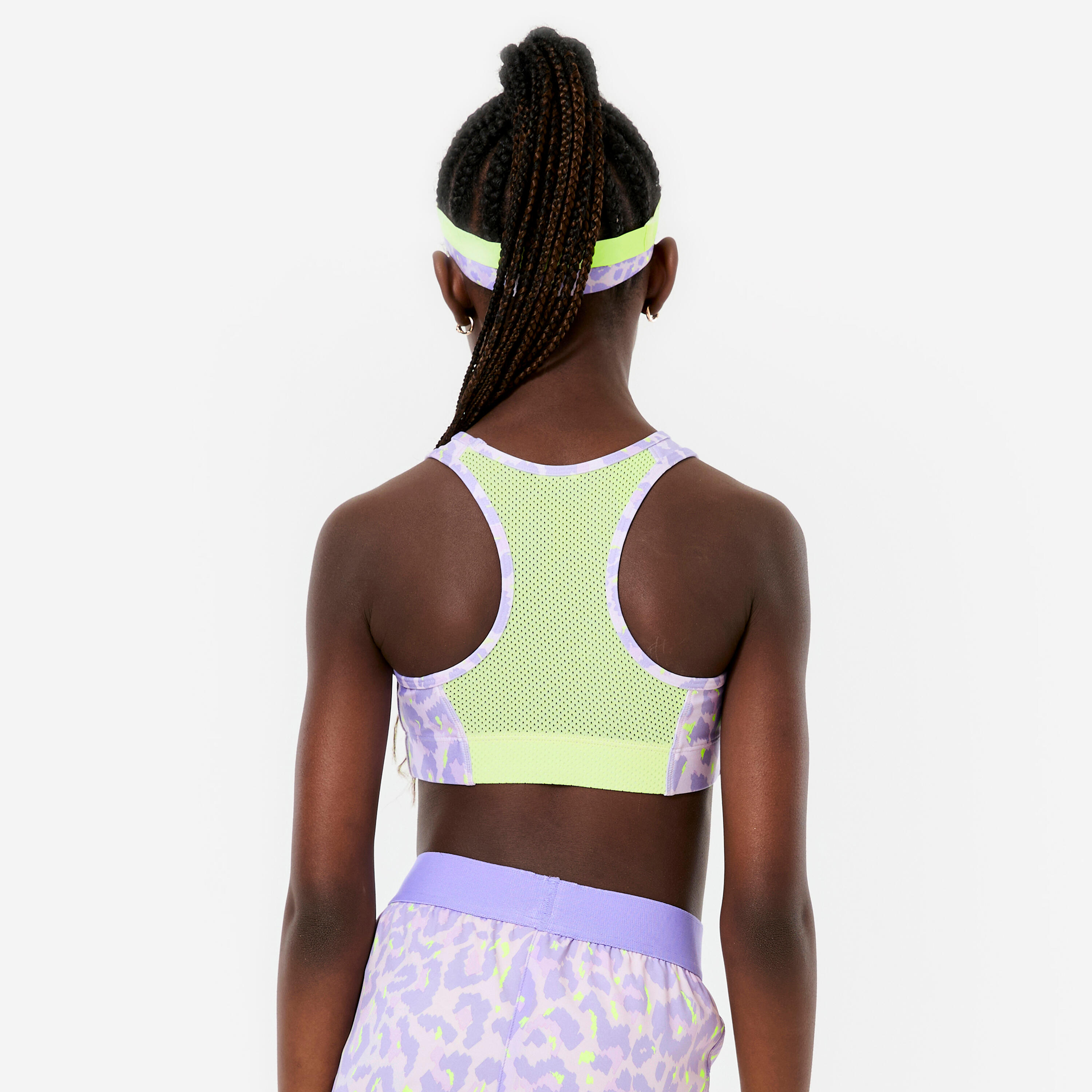 Atmungsaktives Sport-Bustier für Mädchen, Leopardenmuster Hellviolett/Neon-Gelb 4/6