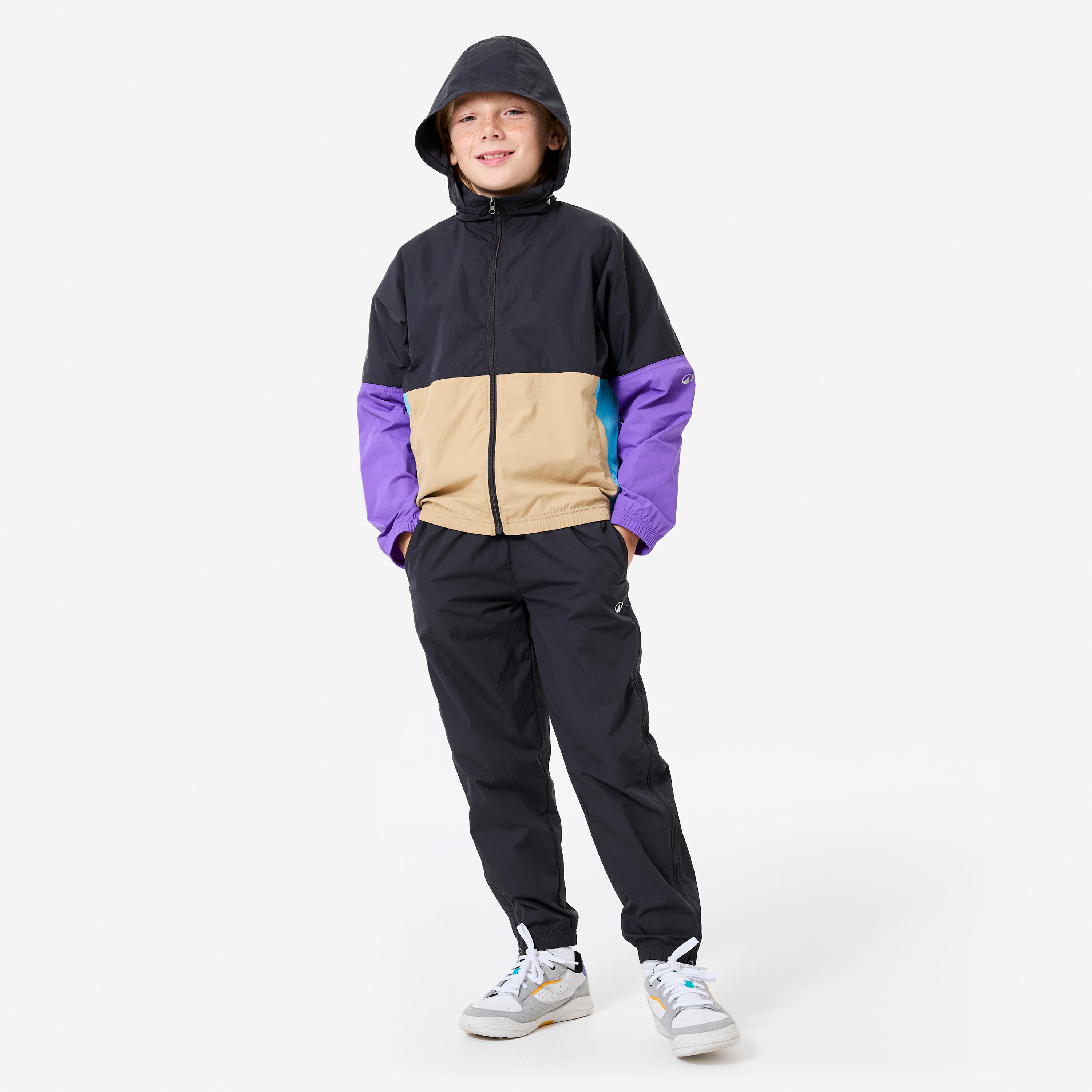 Leichte wasserdichte Kapuzenjacke für Kinder, violett beige dunkelgrau 9/11