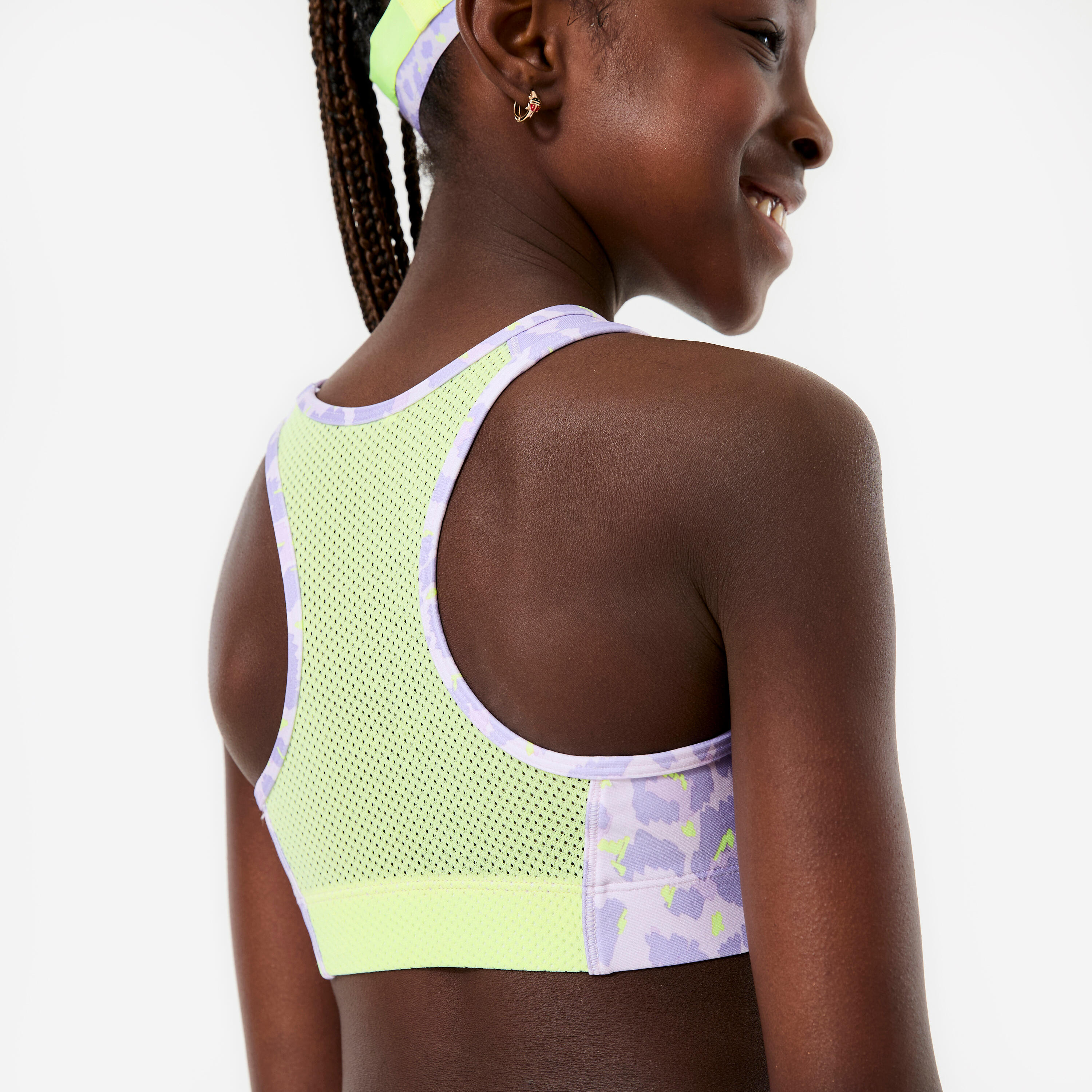 Atmungsaktives Sport-Bustier für Mädchen, Leopardenmuster Hellviolett/Neon-Gelb 3/6