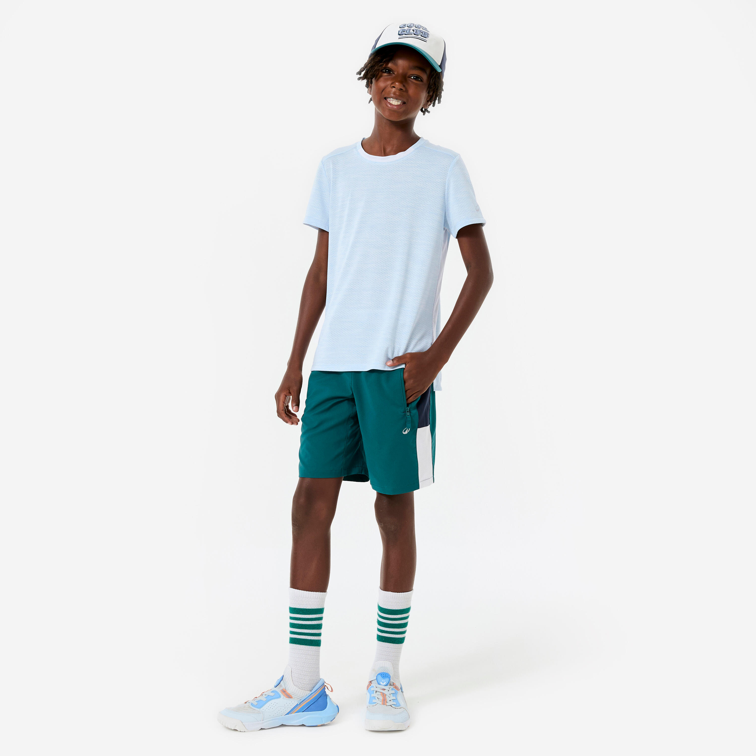 Pantalón Corto Múltiples Deportes Niños Verde Oscuro-Azul-Blanco Transpirable 2/7